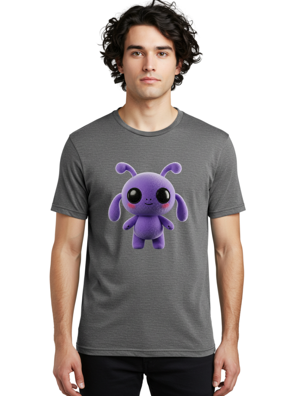 Purple-Alien Men'S Graphic Tee, 100% Cotton, Comfortable Casual Summer Wear, Machine Washable, Cute Alien Character, Soft Plush Toy, Purple Creature, Big Black Eyes, Smiling Face, Fluffy Texture, Whimsical Design, Adorable Illustration, Bac355