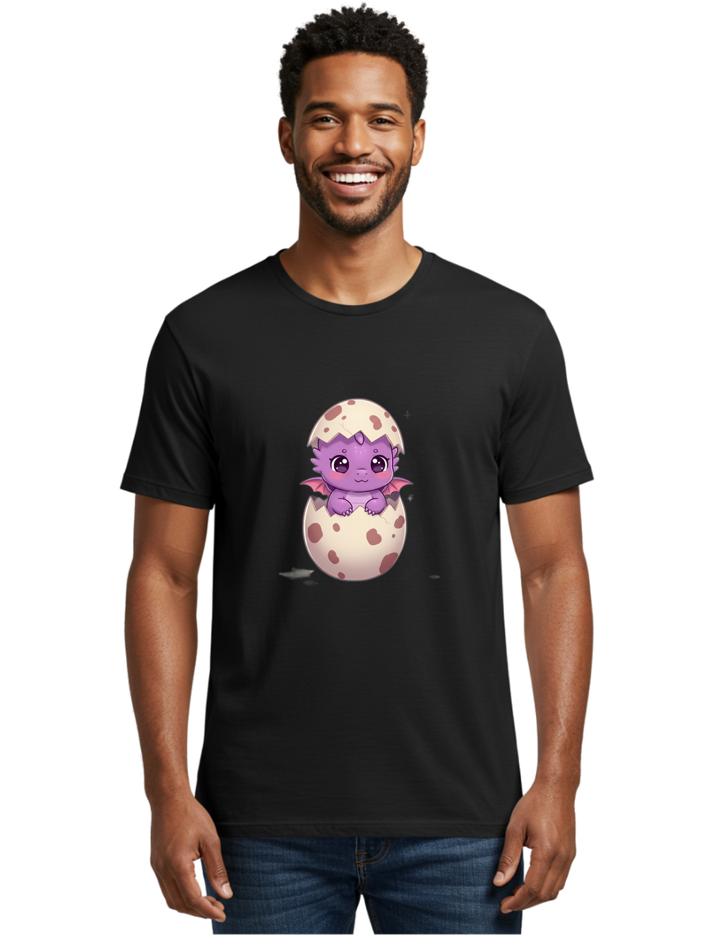 Purple-Dragon-Hatching Men'S Graphic Tee, 100% Cotton, Comfortable Casual Summer Wear, Machine Washable, Cute Dragon Hatching, Adorable Creature, Fantasy Art, Purple Dragon, Eggshell, Cartoon Character, Nursery Decor, Baby Dragon, Bac356