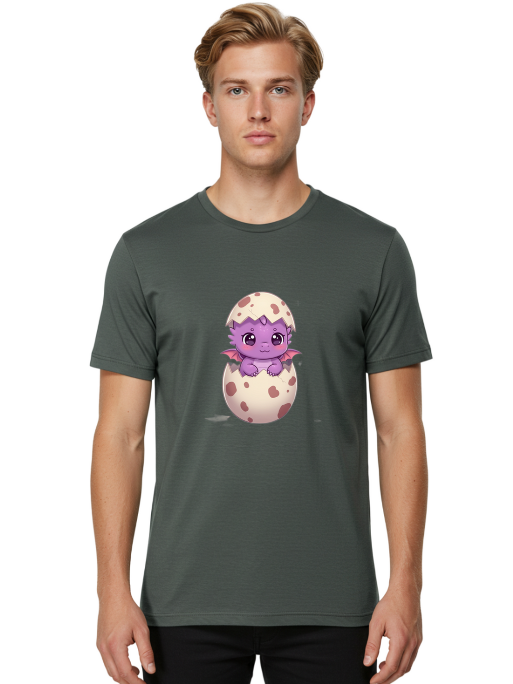 Purple-Dragon-Hatching Men'S Graphic Tee, 100% Cotton, Comfortable Casual Summer Wear, Machine Washable, Cute Dragon Hatching, Adorable Creature, Fantasy Art, Purple Dragon, Eggshell, Cartoon Character, Nursery Decor, Baby Dragon, Bac356