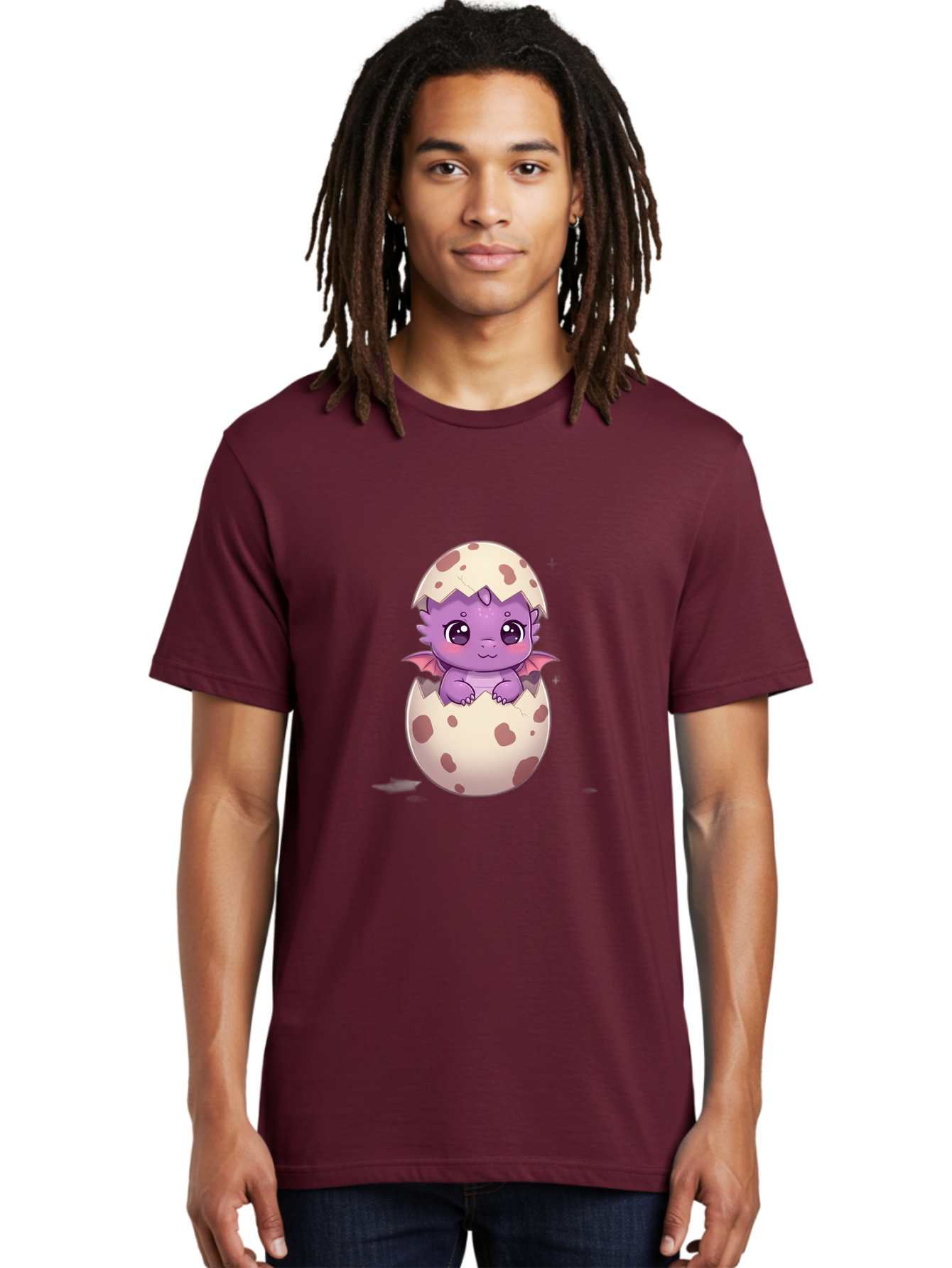 Purple-Dragon-Hatching Men'S Graphic Tee, 100% Cotton, Comfortable Casual Summer Wear, Machine Washable, Cute Dragon Hatching, Adorable Creature, Fantasy Art, Purple Dragon, Eggshell, Cartoon Character, Nursery Decor, Baby Dragon, Bac356