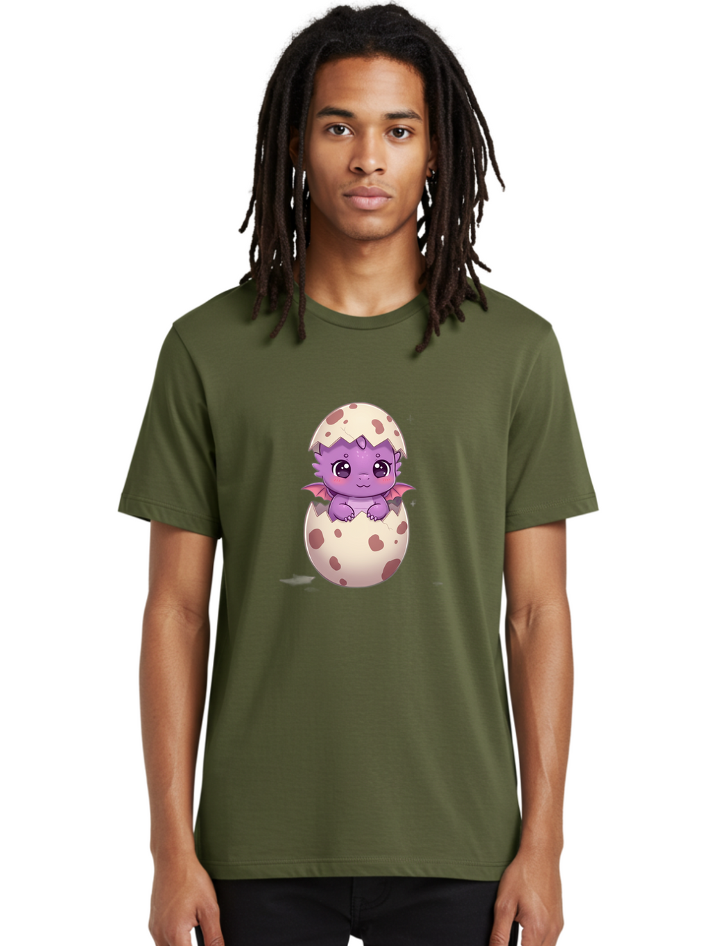 Purple-Dragon-Hatching Men'S Graphic Tee, 100% Cotton, Comfortable Casual Summer Wear, Machine Washable, Cute Dragon Hatching, Adorable Creature, Fantasy Art, Purple Dragon, Eggshell, Cartoon Character, Nursery Decor, Baby Dragon, Bac356