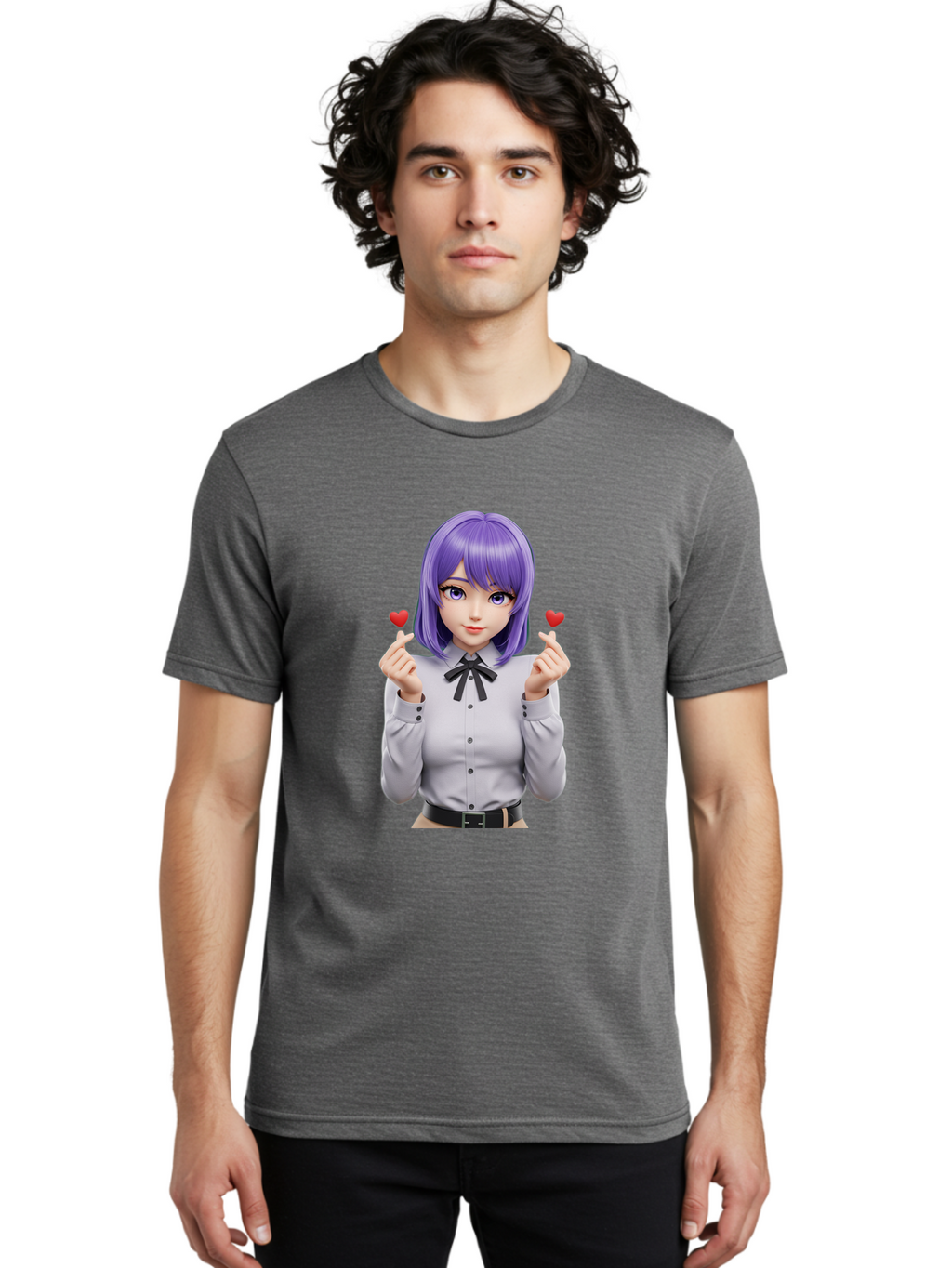 Purple-Hair-Anime-Girl Men'S Graphic Tee, 100% Cotton, Comfortable Casual Summer Wear, Machine Washable, Anime Style Girl, Purple Hair, White Shirt, Black Bow, Hearts On Fingers, Cute Expression, 3D Rendering, Digital Art, Kawaii Character, Bac357