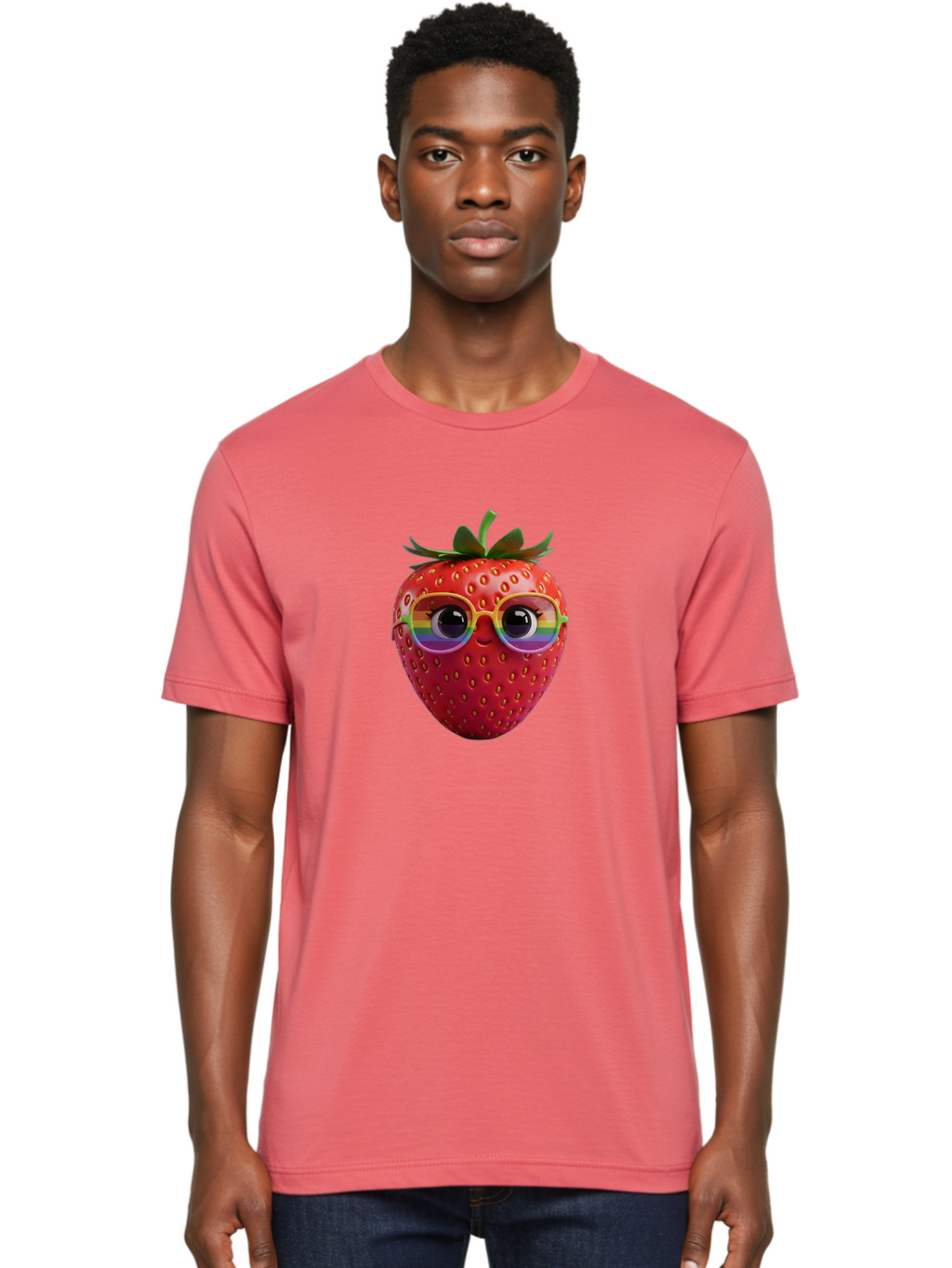 Rainbow-Strawberry Men'S Graphic Tee, 100% Cotton, Comfortable Casual Summer Wear, Machine Washable, Strawberry With Glasses, Rainbow Reflection, Cute Cartoon Character, Fun Fruit, Vibrant Colors, Playful Design, Summer Vibes, Sweet Treat, Bac360