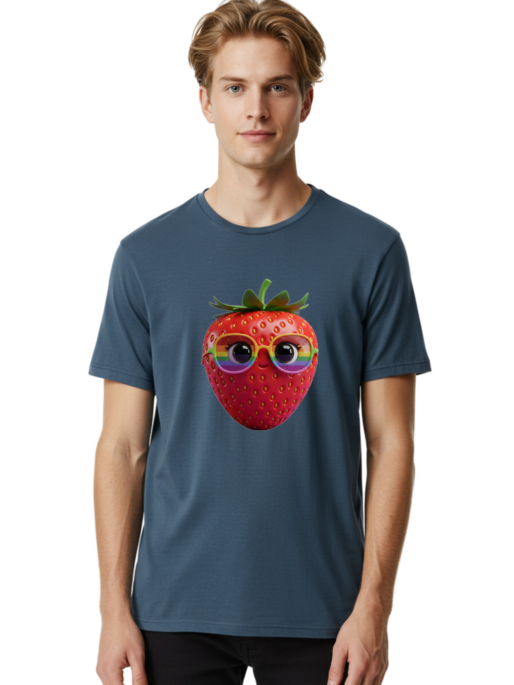 Rainbow-Strawberry Men'S Graphic Tee, 100% Cotton, Comfortable Casual Summer Wear, Machine Washable, Strawberry With Glasses, Rainbow Reflection, Cute Cartoon Character, Fun Fruit, Vibrant Colors, Playful Design, Summer Vibes, Sweet Treat, Bac360