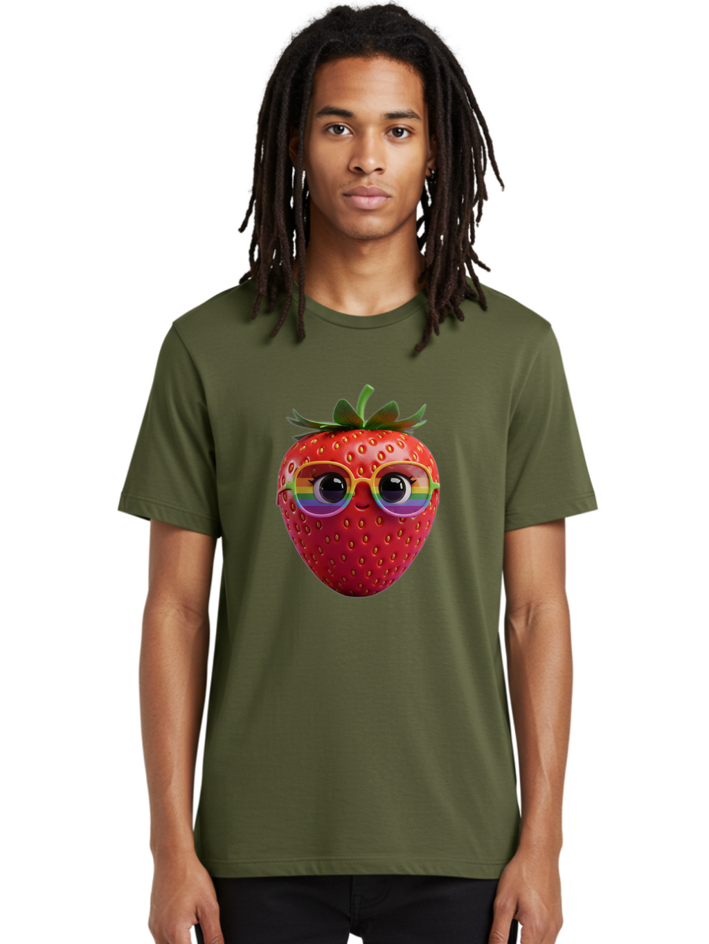 Rainbow-Strawberry Men'S Graphic Tee, 100% Cotton, Comfortable Casual Summer Wear, Machine Washable, Strawberry With Glasses, Rainbow Reflection, Cute Cartoon Character, Fun Fruit, Vibrant Colors, Playful Design, Summer Vibes, Sweet Treat, Bac360