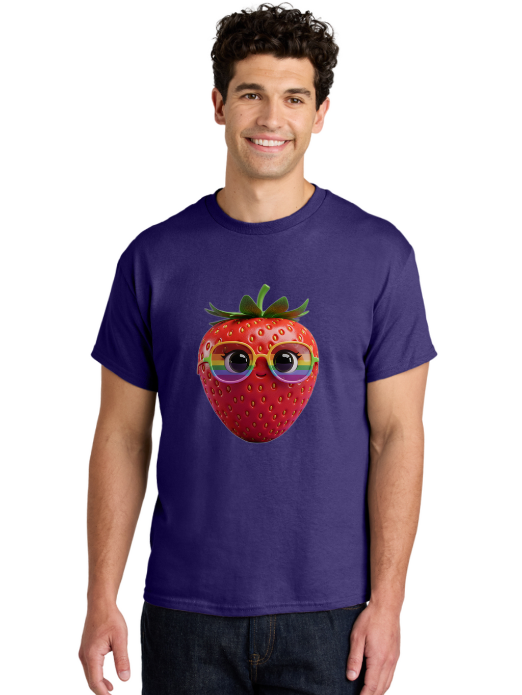 Rainbow-Strawberry Men'S Graphic Tee, 100% Cotton, Comfortable Casual Summer Wear, Machine Washable, Strawberry With Glasses, Rainbow Reflection, Cute Cartoon Character, Fun Fruit, Vibrant Colors, Playful Design, Summer Vibes, Sweet Treat, Bac360