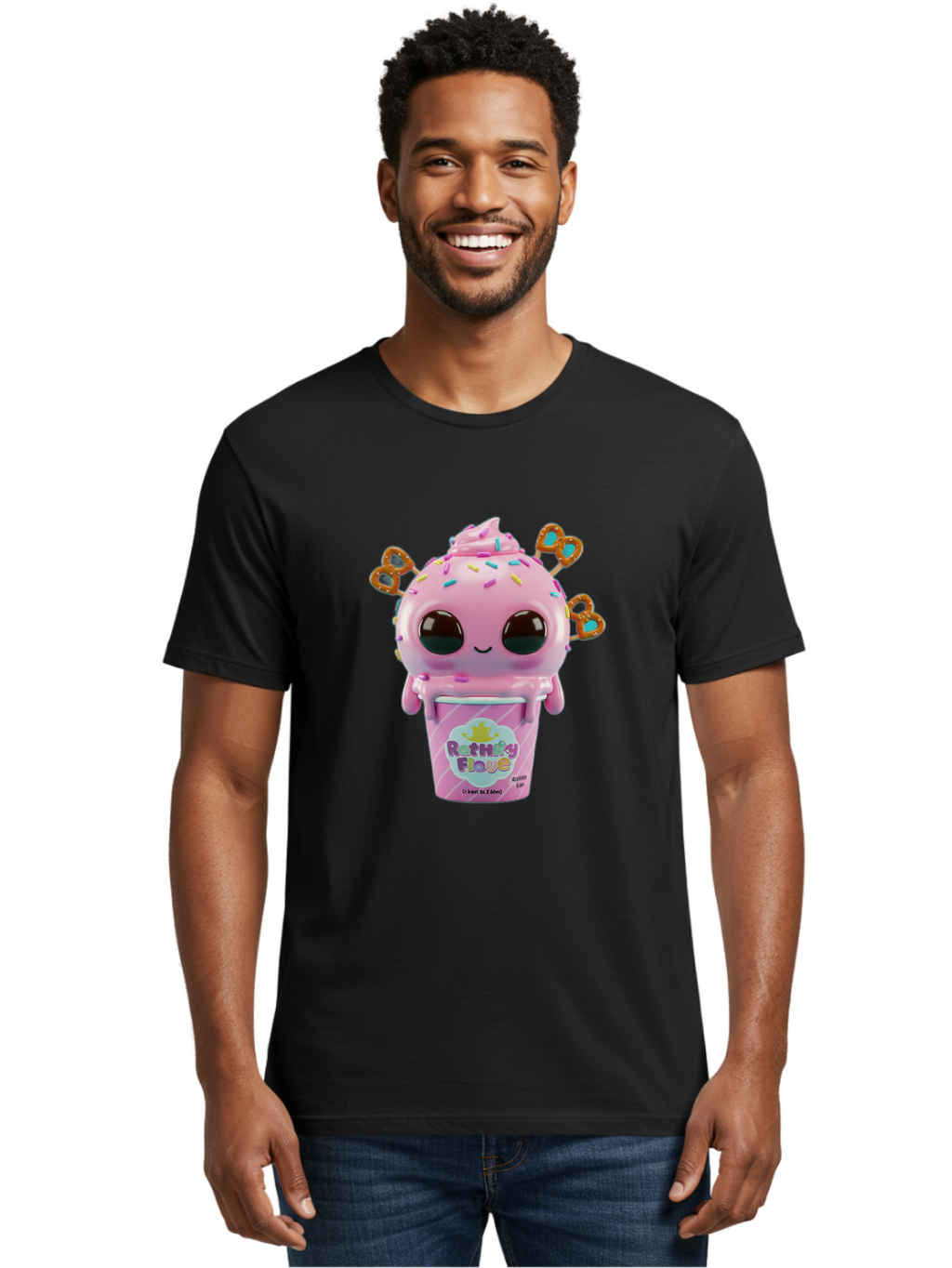 Rattley-Flave Men'S Graphic Tee, 100% Cotton, Comfortable Casual Summer Wear, Machine Washable, Pink Ice Cream, Cartoon Character, Sprinkles, Pretzel, Cute, Sweet Treat, Playful, Ruthy Flave, Colorful, Kawaii Bac361