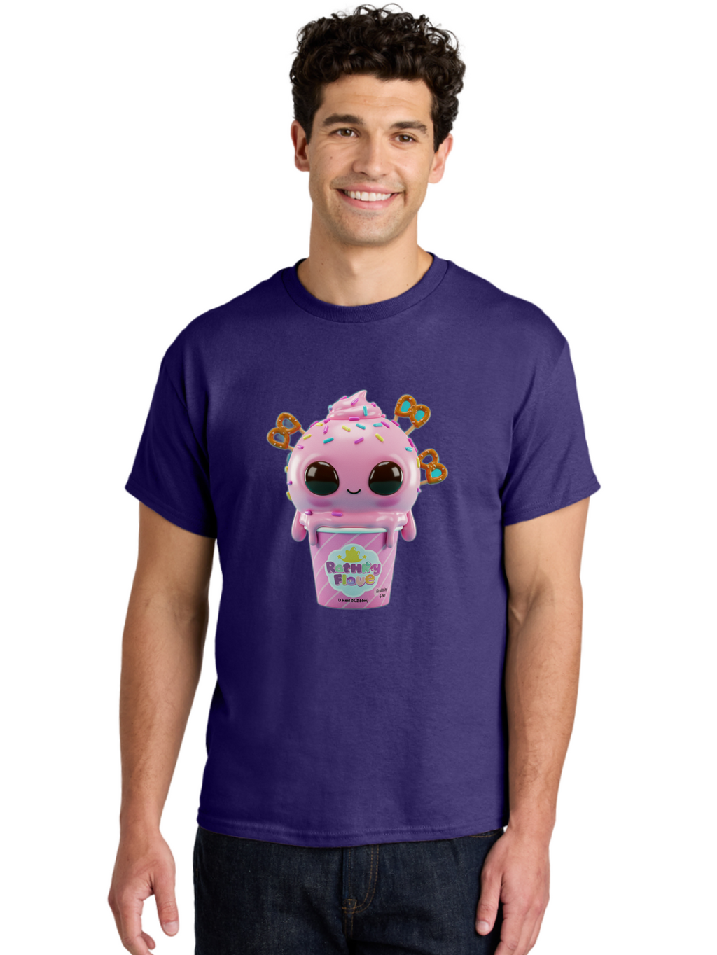 Rattley-Flave Men'S Graphic Tee, 100% Cotton, Comfortable Casual Summer Wear, Machine Washable, Pink Ice Cream, Cartoon Character, Sprinkles, Pretzel, Cute, Sweet Treat, Playful, Ruthy Flave, Colorful, Kawaii Bac361