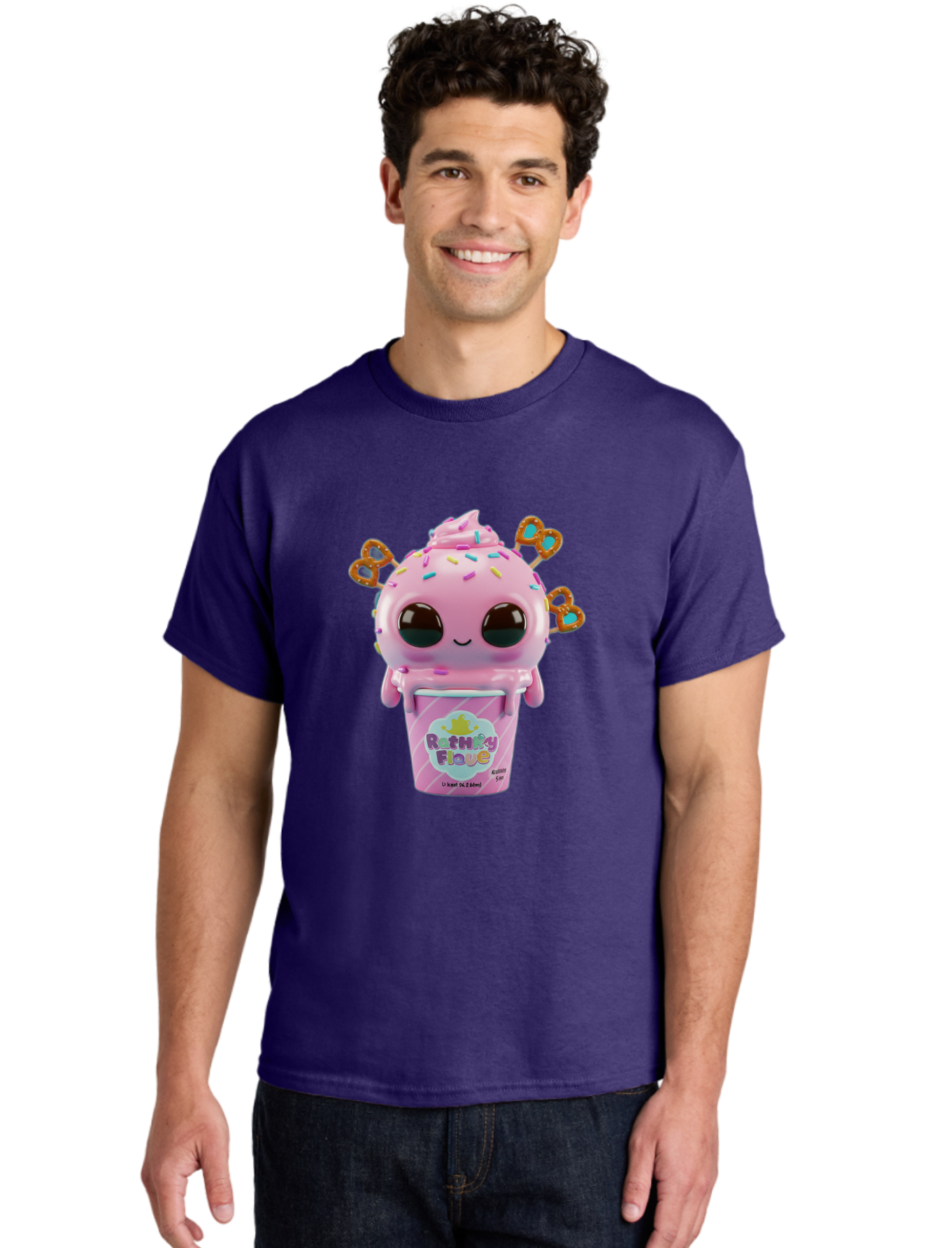 Rattley-Flave Men'S Graphic Tee, 100% Cotton, Comfortable Casual Summer Wear, Machine Washable, Pink Ice Cream, Cartoon Character, Sprinkles, Pretzel, Cute, Sweet Treat, Playful, Ruthy Flave, Colorful, Kawaii Bac361