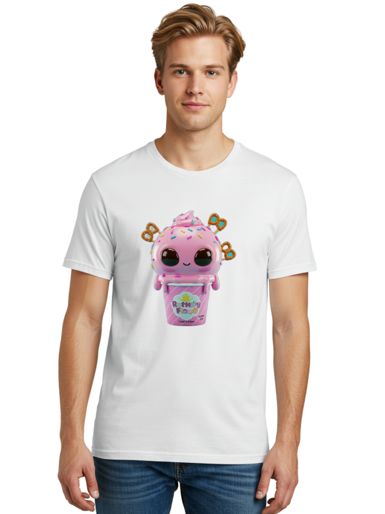 Rattley-Flave Men'S Graphic Tee, 100% Cotton, Comfortable Casual Summer Wear, Machine Washable, Pink Ice Cream, Cartoon Character, Sprinkles, Pretzel, Cute, Sweet Treat, Playful, Ruthy Flave, Colorful, Kawaii Bac361