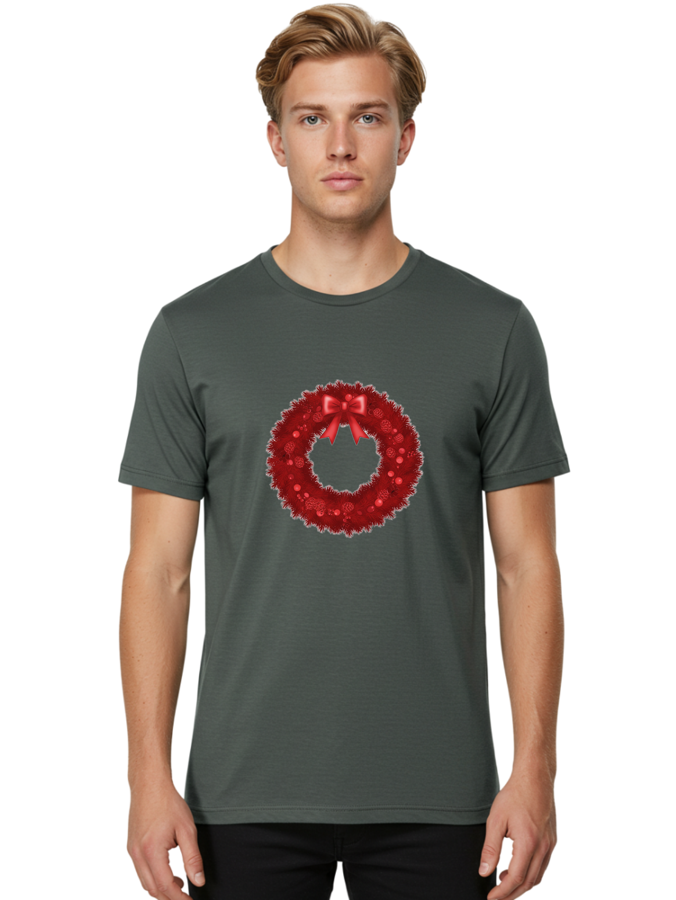Red-Christmas-Wreath Men'S Graphic Tee, 100% Cotton, Comfortable Casual Summer Wear, Machine Washable, Christmas Wreath, Red Decorations, Festive Holiday Decor, Tinsel And Ornaments, Red Ribbon Bow, Pinecones, Seasonal Celebration, Bac362