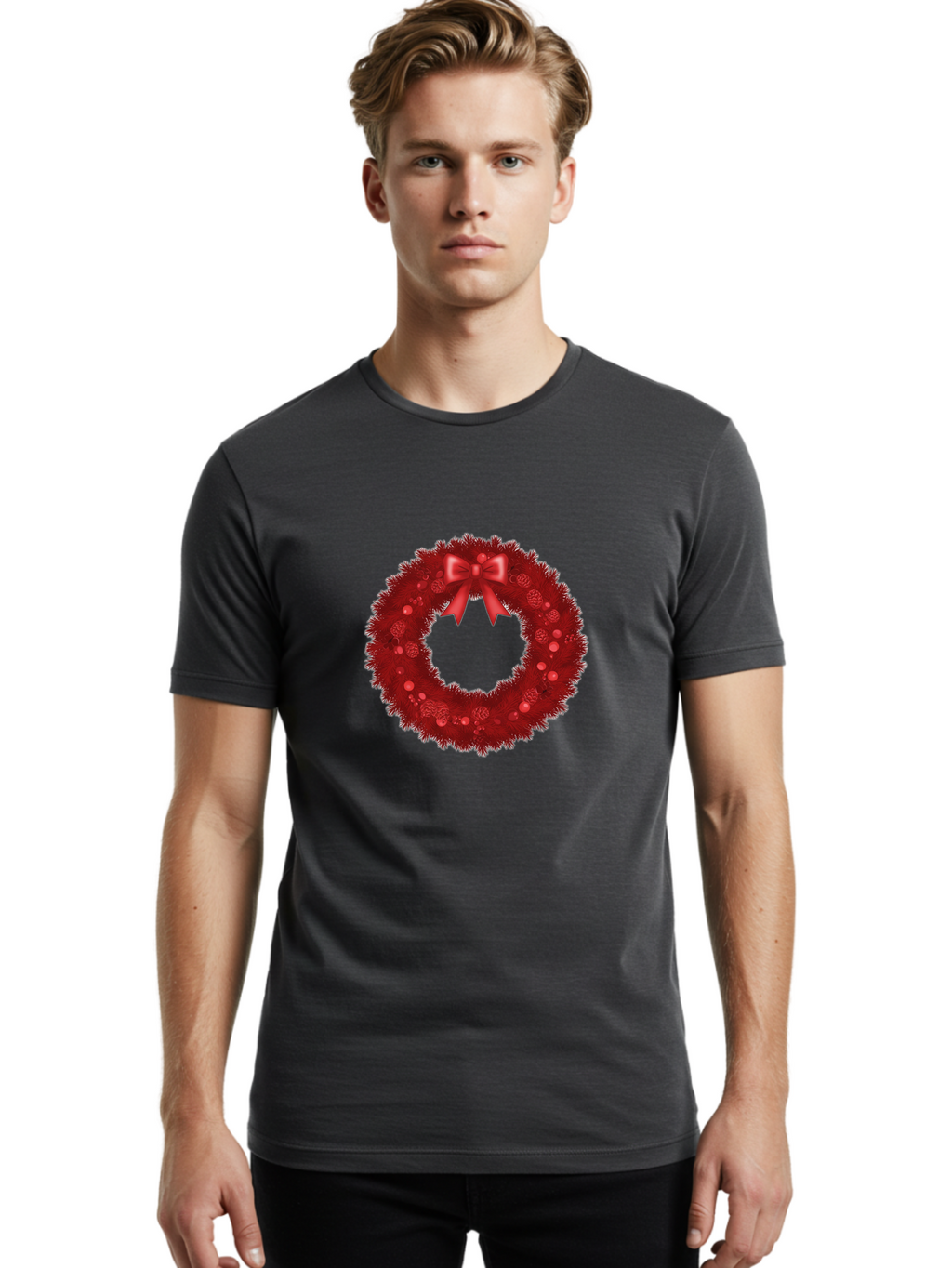 Red-Christmas-Wreath Men'S Graphic Tee, 100% Cotton, Comfortable Casual Summer Wear, Machine Washable, Christmas Wreath, Red Decorations, Festive Holiday Decor, Tinsel And Ornaments, Red Ribbon Bow, Pinecones, Seasonal Celebration, Bac362