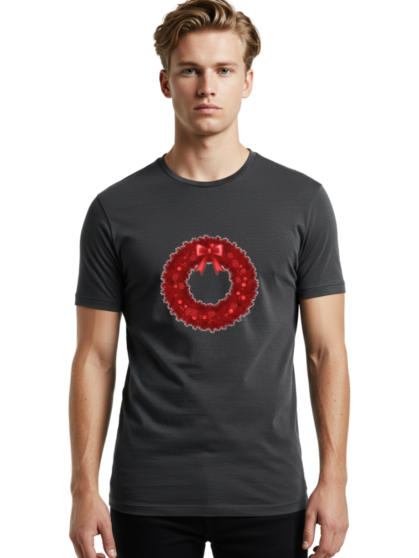 Red-Christmas-Wreath Men'S Graphic Tee, 100% Cotton, Comfortable Casual Summer Wear, Machine Washable, Christmas Wreath, Red Decorations, Festive Holiday Decor, Tinsel And Ornaments, Red Ribbon Bow, Pinecones, Seasonal Celebration, Bac362