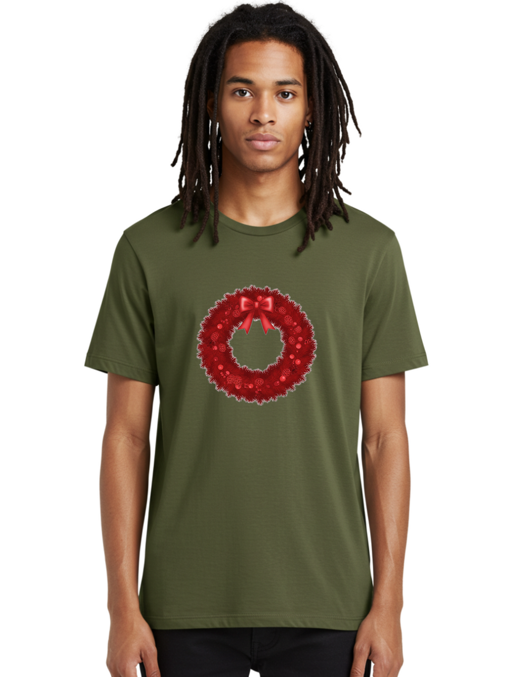 Red-Christmas-Wreath Men'S Graphic Tee, 100% Cotton, Comfortable Casual Summer Wear, Machine Washable, Christmas Wreath, Red Decorations, Festive Holiday Decor, Tinsel And Ornaments, Red Ribbon Bow, Pinecones, Seasonal Celebration, Bac362