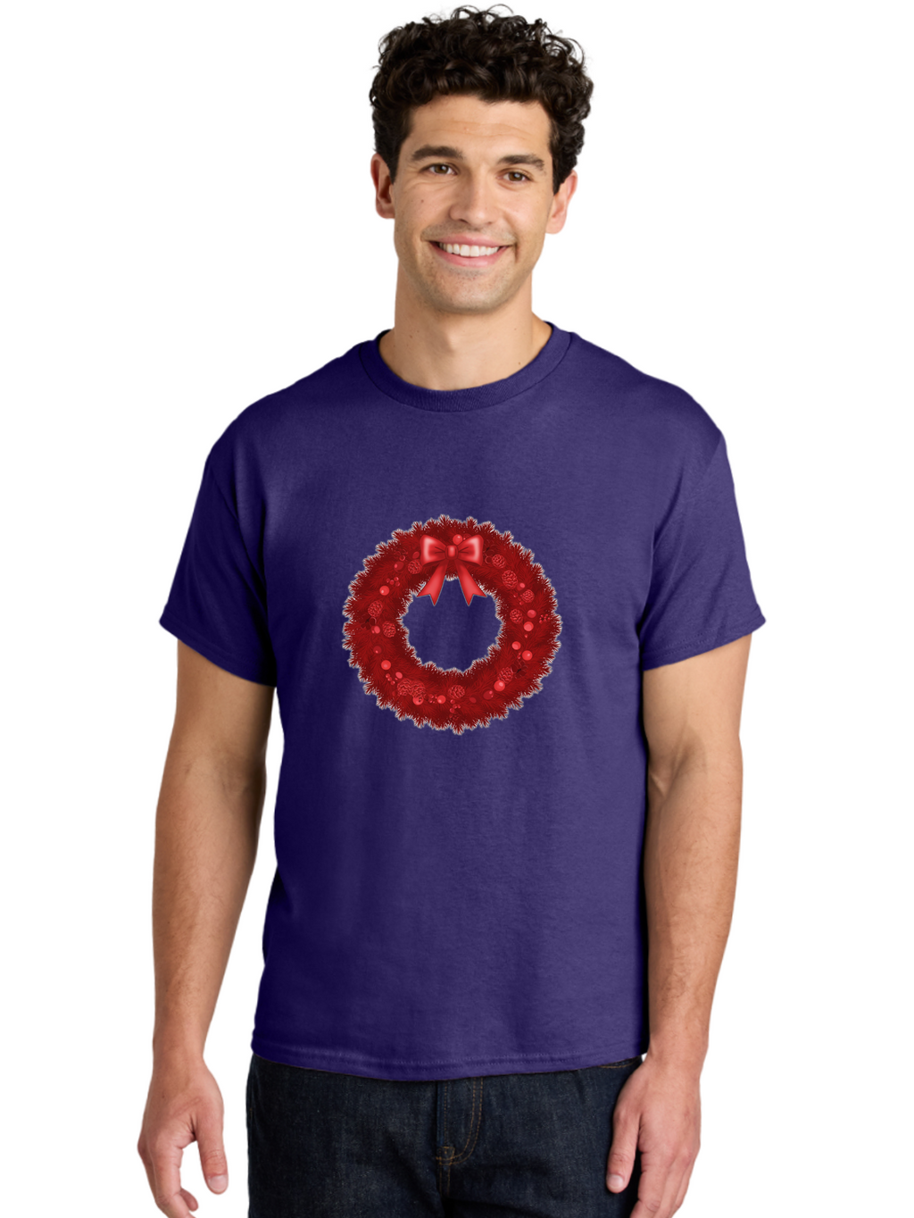 Red-Christmas-Wreath Men'S Graphic Tee, 100% Cotton, Comfortable Casual Summer Wear, Machine Washable, Christmas Wreath, Red Decorations, Festive Holiday Decor, Tinsel And Ornaments, Red Ribbon Bow, Pinecones, Seasonal Celebration, Bac362