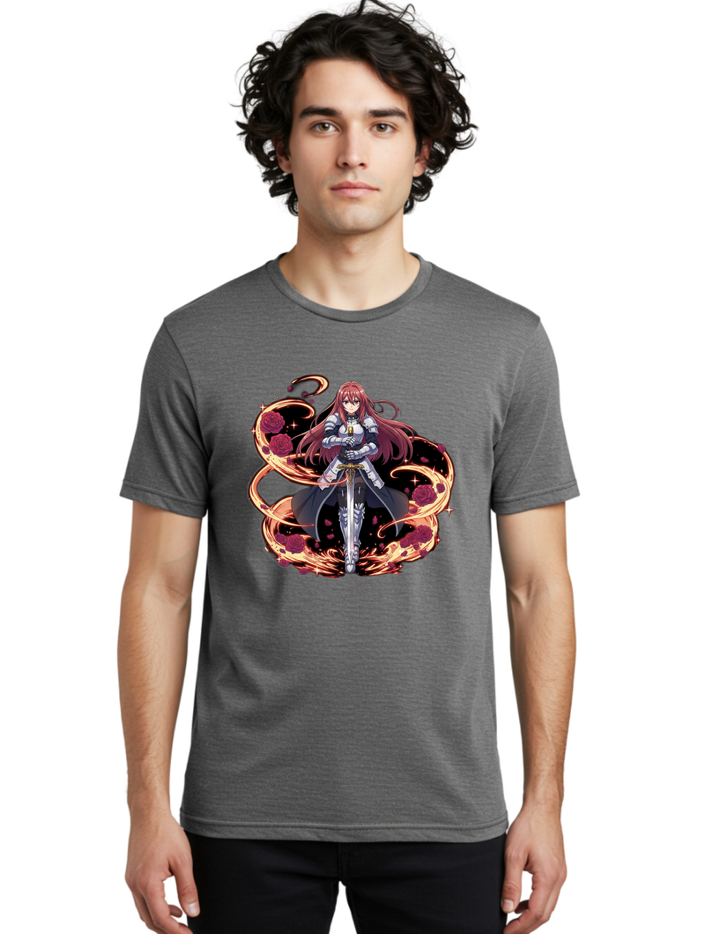 Red-Haired-Knight Men'S Graphic Tee, 100% Cotton, Comfortable Casual Summer Wear, Machine Washable, Female Knight, Long Red Hair, Silver Armor, Sword, Roses, Golden Swirls, Fantasy Art, Anime Style, Dark Roses, Medieval Warrior, Bac363