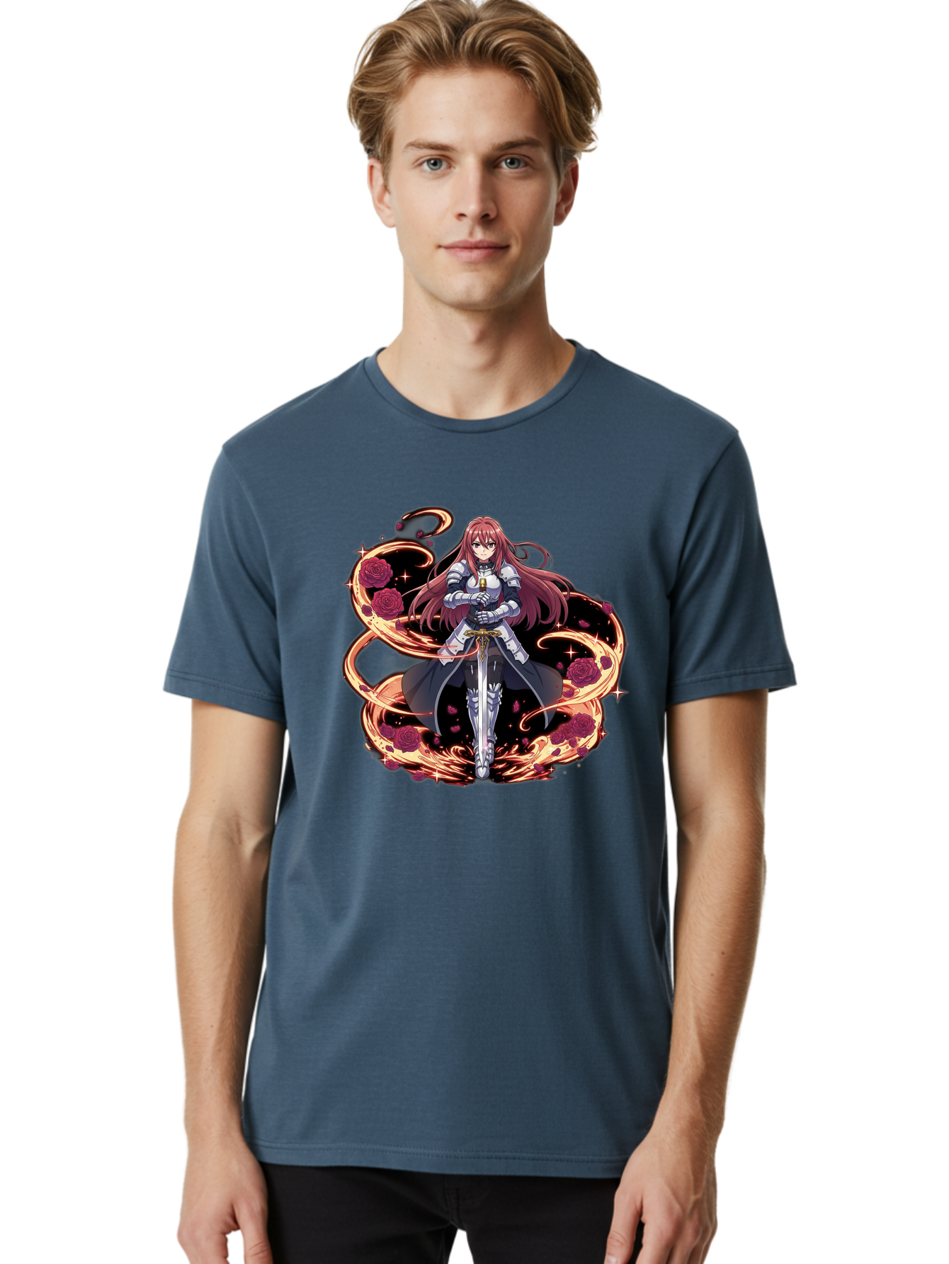 Red-Haired-Knight Men'S Graphic Tee, 100% Cotton, Comfortable Casual Summer Wear, Machine Washable, Female Knight, Long Red Hair, Silver Armor, Sword, Roses, Golden Swirls, Fantasy Art, Anime Style, Dark Roses, Medieval Warrior, Bac363