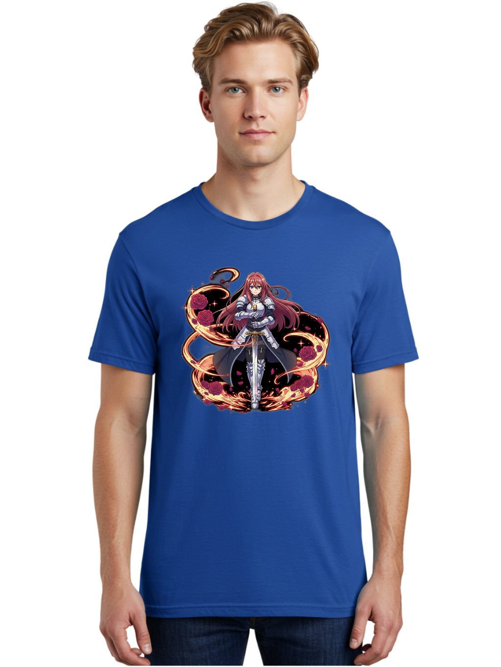 Red-Haired-Knight Men'S Graphic Tee, 100% Cotton, Comfortable Casual Summer Wear, Machine Washable, Female Knight, Long Red Hair, Silver Armor, Sword, Roses, Golden Swirls, Fantasy Art, Anime Style, Dark Roses, Medieval Warrior, Bac363