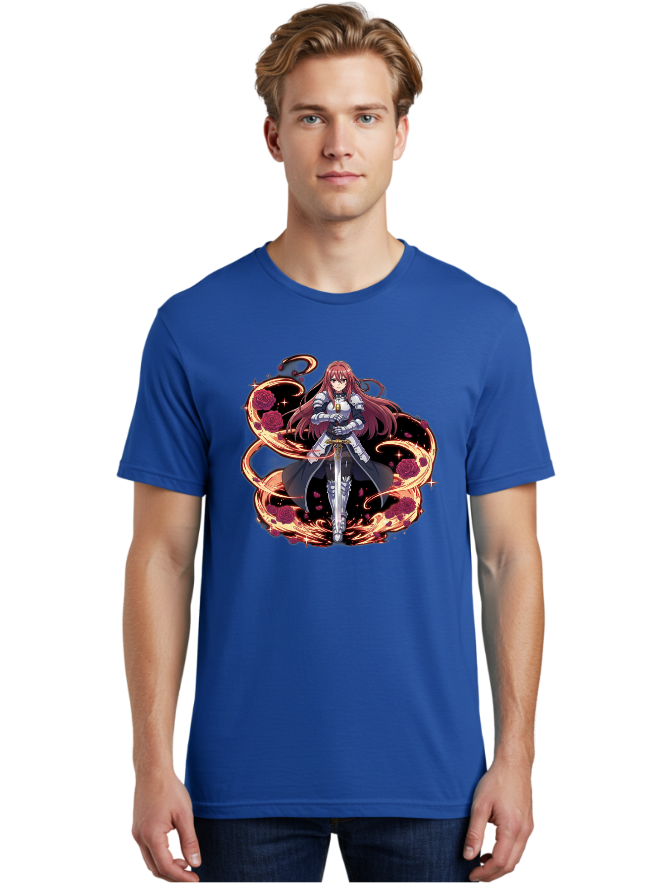 Red-Haired-Knight Men'S Graphic Tee, 100% Cotton, Comfortable Casual Summer Wear, Machine Washable, Female Knight, Long Red Hair, Silver Armor, Sword, Roses, Golden Swirls, Fantasy Art, Anime Style, Dark Roses, Medieval Warrior, Bac363
