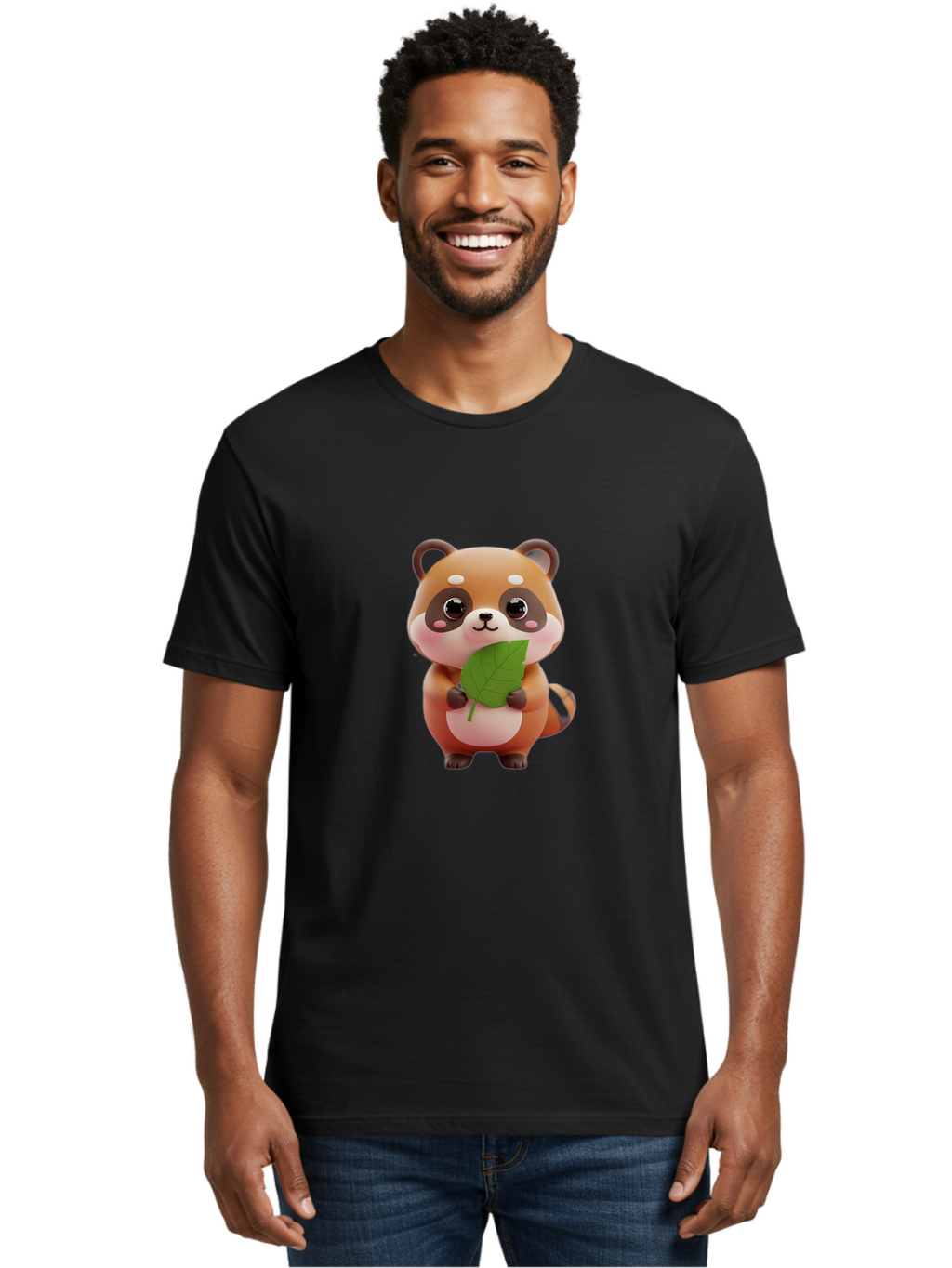 Red-Panda Men'S Graphic Tee, 100% Cotton, Comfortable Casual Summer Wear, Machine Washable, Cute Cartoon Red Panda, Kawaii Animal, Adorable Creature, Holding A Leaf, Cartoon Character, Red Panda Illustration, Kawaii Art, Digital Illustration, Bac364