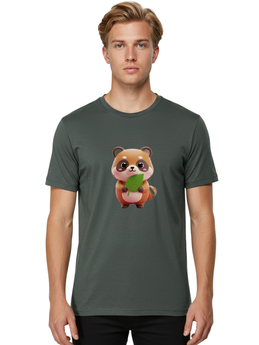 Red-Panda Men'S Graphic Tee, 100% Cotton, Comfortable Casual Summer Wear, Machine Washable, Cute Cartoon Red Panda, Kawaii Animal, Adorable Creature, Holding A Leaf, Cartoon Character, Red Panda Illustration, Kawaii Art, Digital Illustration, Bac364