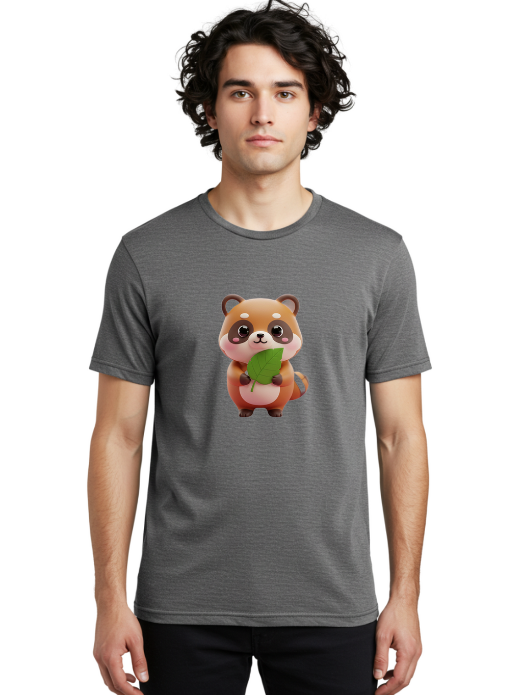 Red-Panda Men'S Graphic Tee, 100% Cotton, Comfortable Casual Summer Wear, Machine Washable, Cute Cartoon Red Panda, Kawaii Animal, Adorable Creature, Holding A Leaf, Cartoon Character, Red Panda Illustration, Kawaii Art, Digital Illustration, Bac364