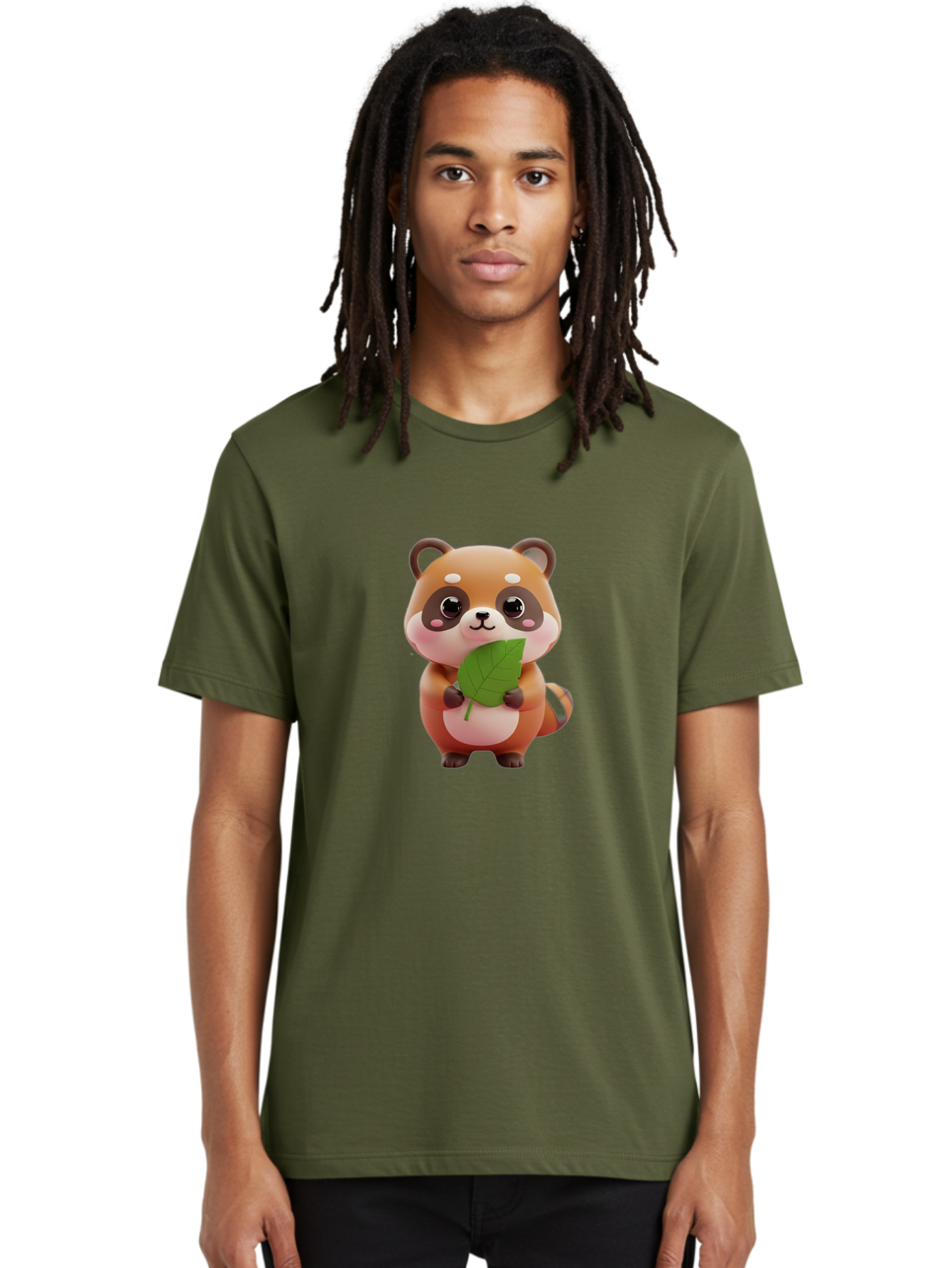 Red-Panda Men'S Graphic Tee, 100% Cotton, Comfortable Casual Summer Wear, Machine Washable, Cute Cartoon Red Panda, Kawaii Animal, Adorable Creature, Holding A Leaf, Cartoon Character, Red Panda Illustration, Kawaii Art, Digital Illustration, Bac364