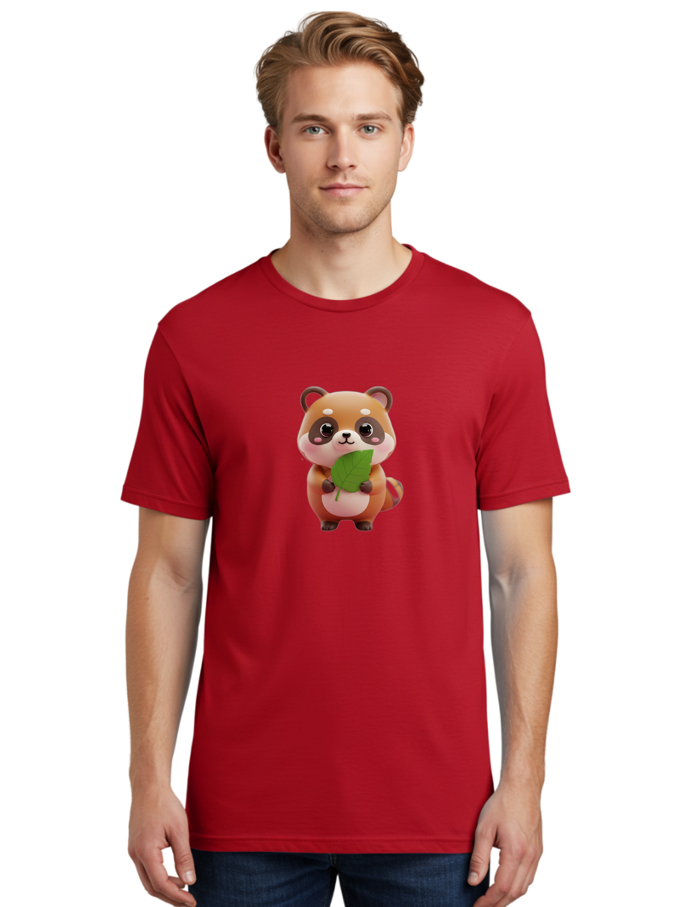 Red-Panda Men'S Graphic Tee, 100% Cotton, Comfortable Casual Summer Wear, Machine Washable, Cute Cartoon Red Panda, Kawaii Animal, Adorable Creature, Holding A Leaf, Cartoon Character, Red Panda Illustration, Kawaii Art, Digital Illustration, Bac364