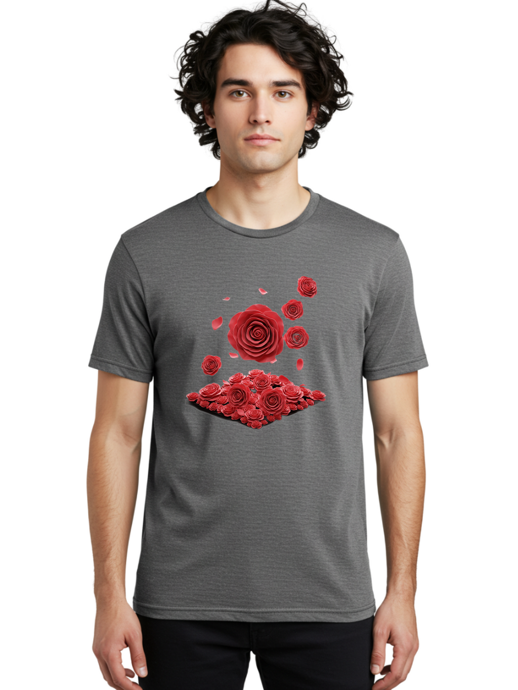 Red-Roses-1 Men'S Graphic Tee, 100% Cotton, Comfortable Casual Summer Wear, Machine Washable, Red Roses, Falling Flowers, Floral Arrangement, Rose Petals, Romantic Gesture, Love Symbol, Beautiful Blooms, Flower Power Bac365