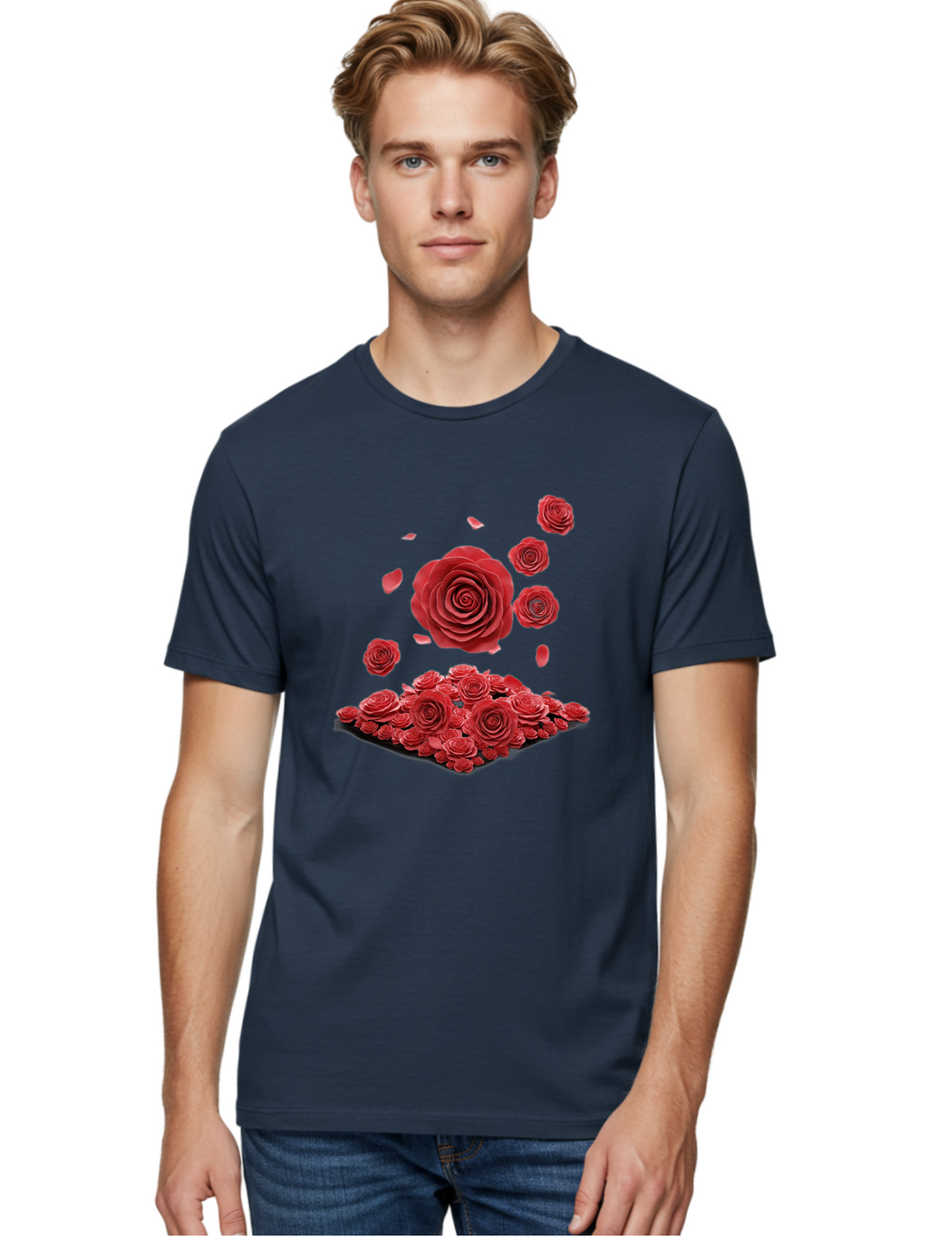 Red-Roses-1 Men'S Graphic Tee, 100% Cotton, Comfortable Casual Summer Wear, Machine Washable, Red Roses, Falling Flowers, Floral Arrangement, Rose Petals, Romantic Gesture, Love Symbol, Beautiful Blooms, Flower Power Bac365