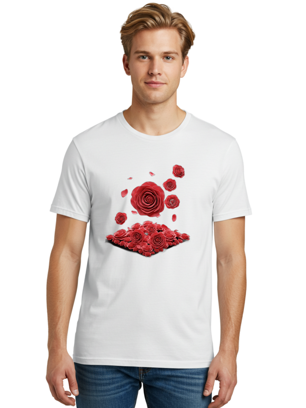 Red-Roses-1 Men'S Graphic Tee, 100% Cotton, Comfortable Casual Summer Wear, Machine Washable, Red Roses, Falling Flowers, Floral Arrangement, Rose Petals, Romantic Gesture, Love Symbol, Beautiful Blooms, Flower Power Bac365