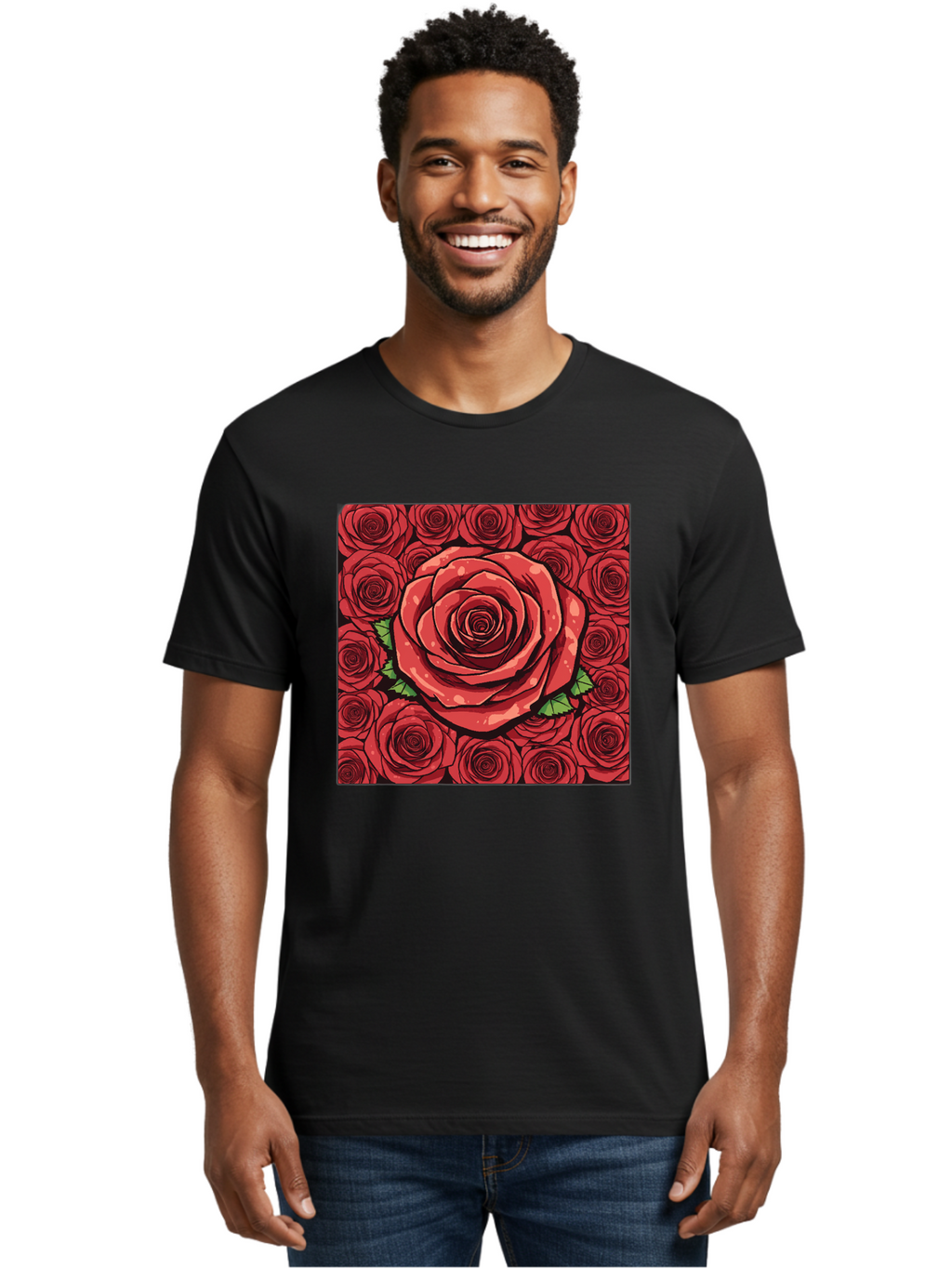 Red-Roses Men'S Graphic Tee, 100% Cotton, Comfortable Casual Summer Wear, Machine Washable, Red Roses, Floral Pattern, Love Symbol, Romance, Beauty, Flowers, Vibrant Petals, Green Leaves, Pop Art Design, Bold Graphics Bac366