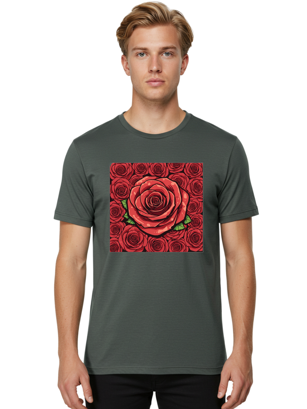 Red-Roses Men'S Graphic Tee, 100% Cotton, Comfortable Casual Summer Wear, Machine Washable, Red Roses, Floral Pattern, Love Symbol, Romance, Beauty, Flowers, Vibrant Petals, Green Leaves, Pop Art Design, Bold Graphics Bac366