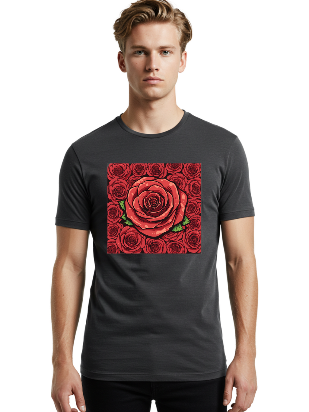Red-Roses Men'S Graphic Tee, 100% Cotton, Comfortable Casual Summer Wear, Machine Washable, Red Roses, Floral Pattern, Love Symbol, Romance, Beauty, Flowers, Vibrant Petals, Green Leaves, Pop Art Design, Bold Graphics Bac366