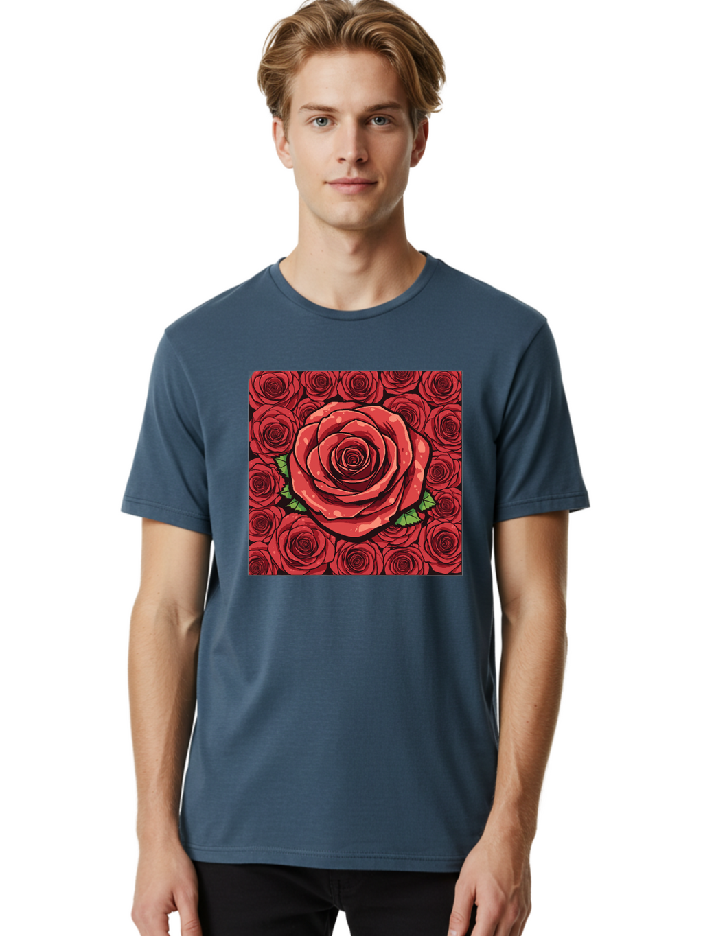 Red-Roses Men'S Graphic Tee, 100% Cotton, Comfortable Casual Summer Wear, Machine Washable, Red Roses, Floral Pattern, Love Symbol, Romance, Beauty, Flowers, Vibrant Petals, Green Leaves, Pop Art Design, Bold Graphics Bac366