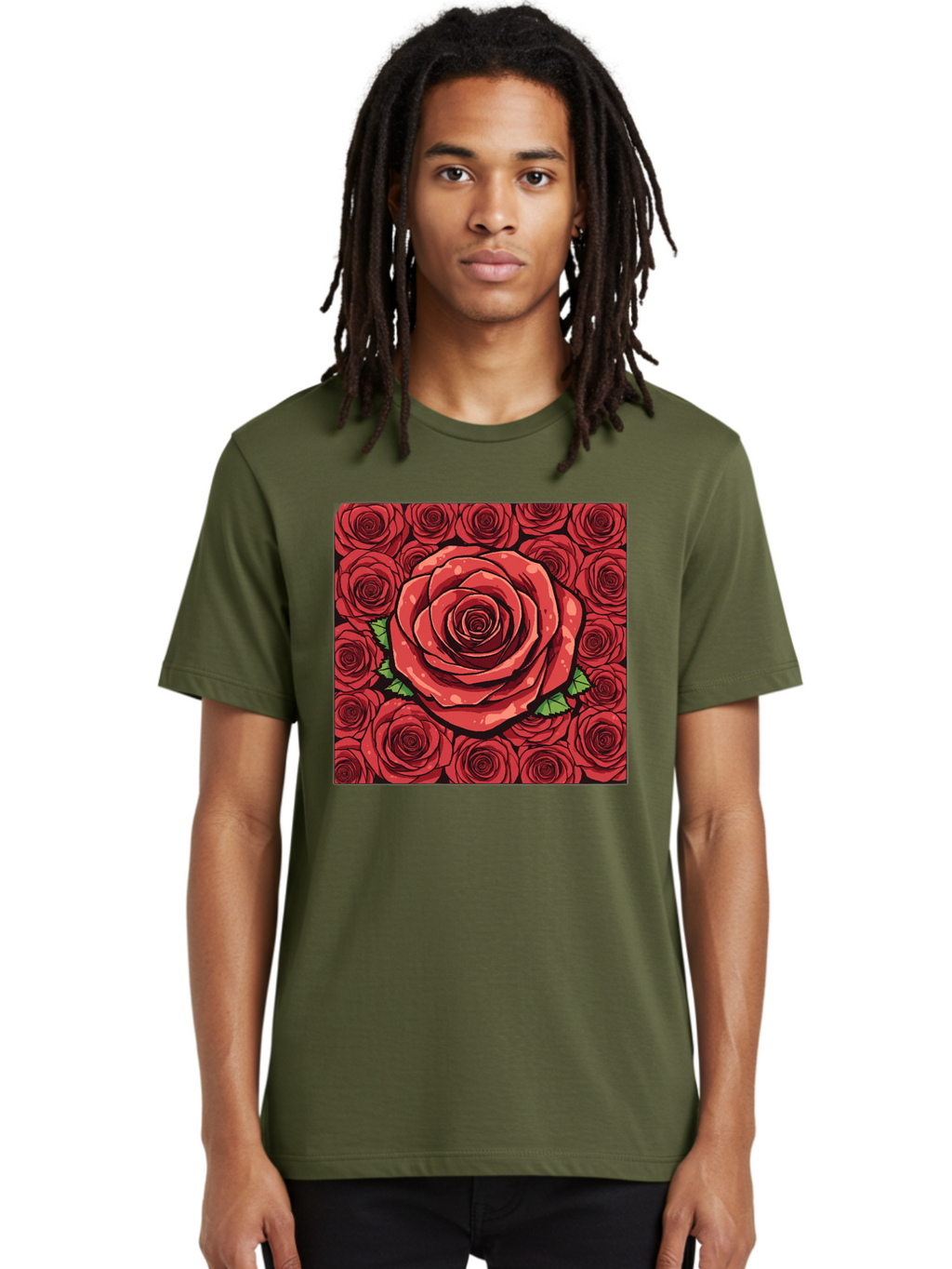 Red-Roses Men'S Graphic Tee, 100% Cotton, Comfortable Casual Summer Wear, Machine Washable, Red Roses, Floral Pattern, Love Symbol, Romance, Beauty, Flowers, Vibrant Petals, Green Leaves, Pop Art Design, Bold Graphics Bac366