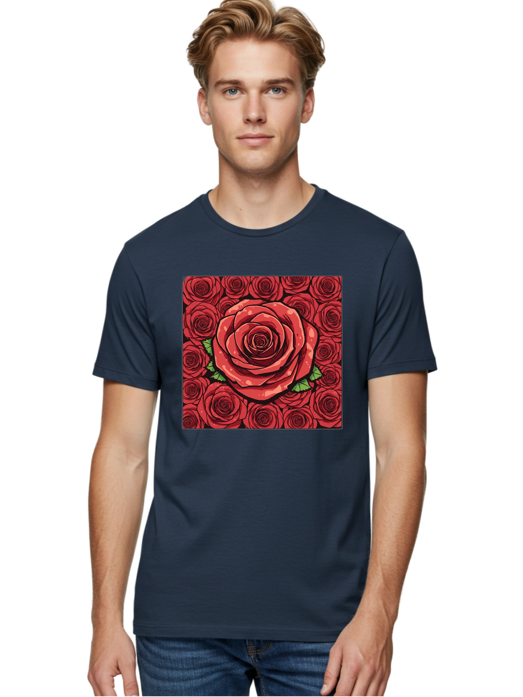 Red-Roses Men'S Graphic Tee, 100% Cotton, Comfortable Casual Summer Wear, Machine Washable, Red Roses, Floral Pattern, Love Symbol, Romance, Beauty, Flowers, Vibrant Petals, Green Leaves, Pop Art Design, Bold Graphics Bac366
