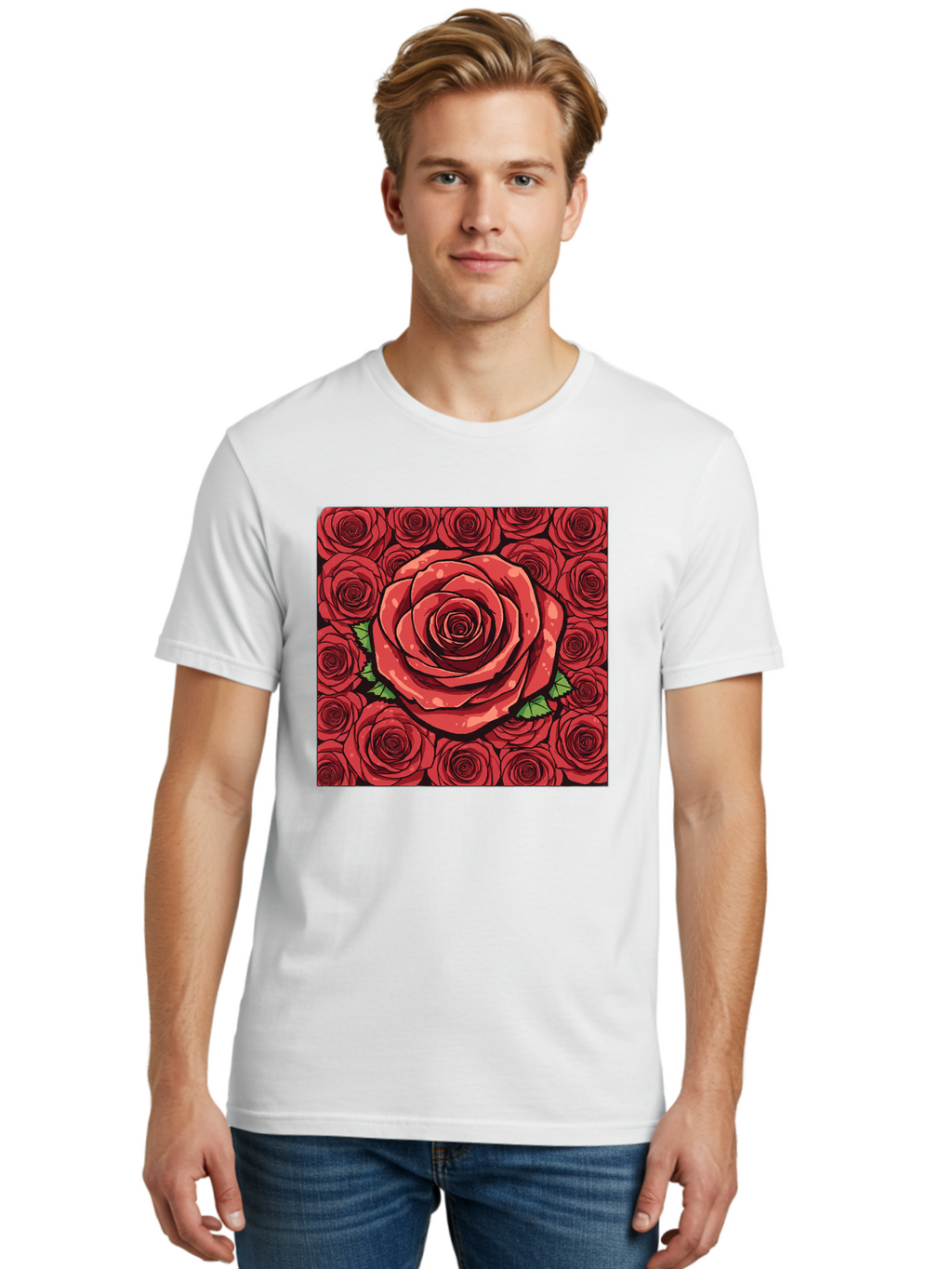 Red-Roses Men'S Graphic Tee, 100% Cotton, Comfortable Casual Summer Wear, Machine Washable, Red Roses, Floral Pattern, Love Symbol, Romance, Beauty, Flowers, Vibrant Petals, Green Leaves, Pop Art Design, Bold Graphics Bac366