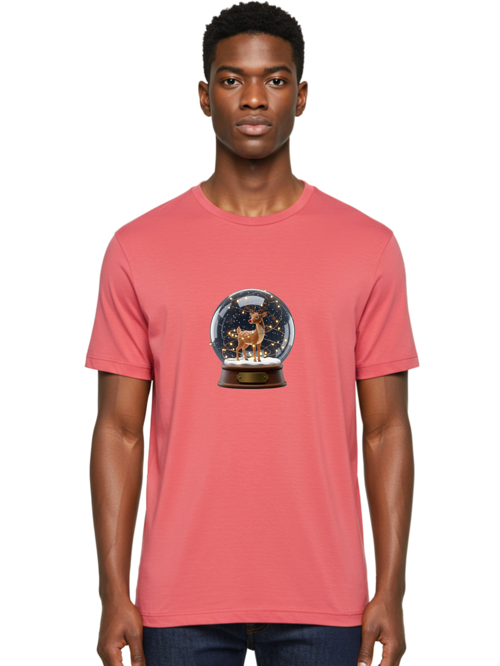 Reindeer-Snow-Globe Men'S Graphic Tee, 100% Cotton, Comfortable Casual Summer Wear, Machine Washable, Snow Globe With Reindeer And Fawn, Festive Holiday Decor, Magical Winter Scene, Glowing String Lights, Christmas Decoration, Bac368