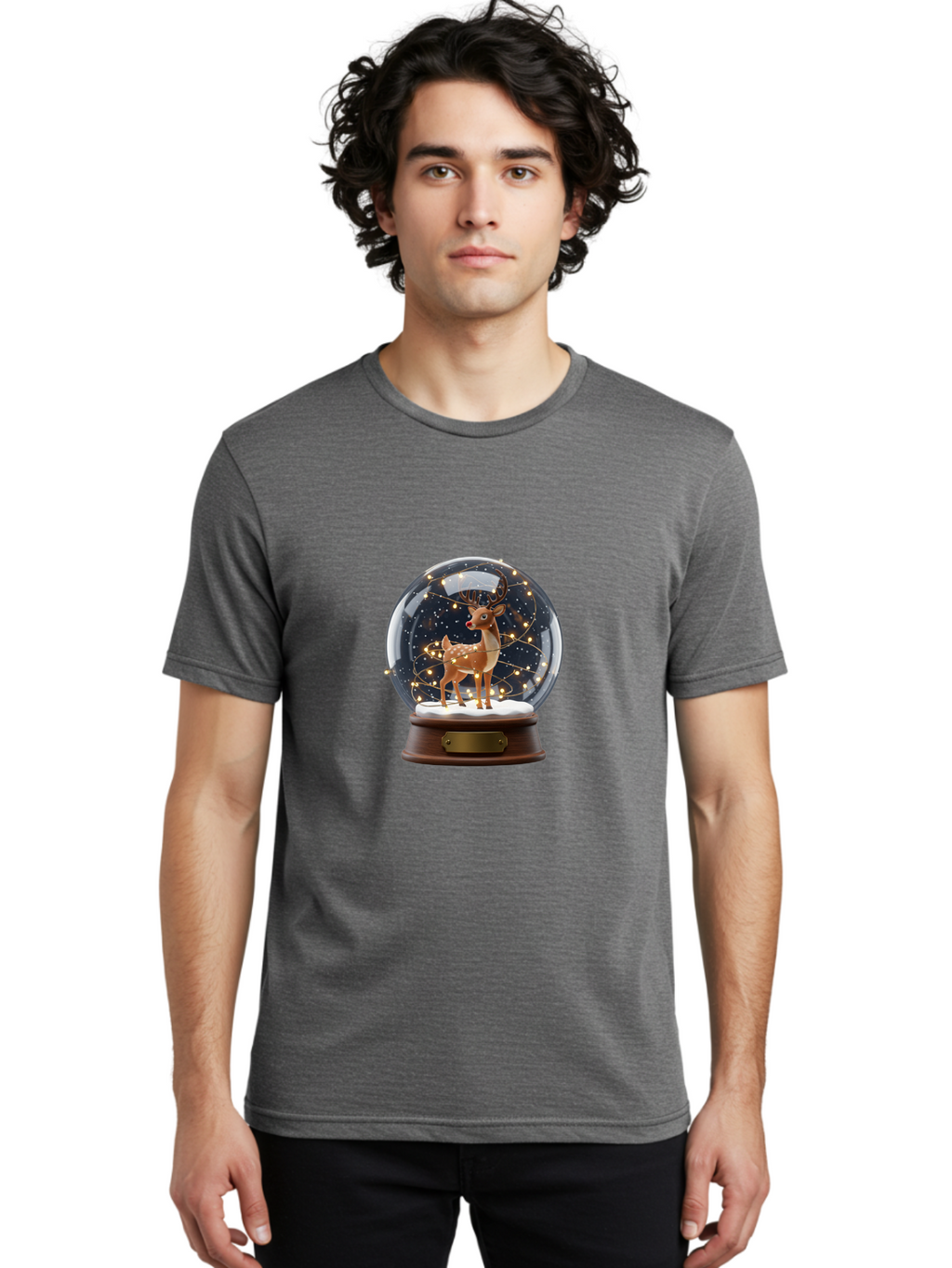 Reindeer-Snow-Globe Men'S Graphic Tee, 100% Cotton, Comfortable Casual Summer Wear, Machine Washable, Snow Globe With Reindeer And Fawn, Festive Holiday Decor, Magical Winter Scene, Glowing String Lights, Christmas Decoration, Bac368