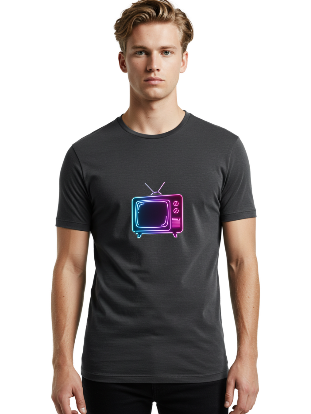 Retro-Television Men'S Graphic Tee, 100% Cotton, Comfortable Casual Summer Wear, Machine Washable, Retro Television, Vintage Tv, Neon Lights, Old-Fashioned Technology, Nostalgic Electronics, Retrofuturistic Design, Glowing Accents, Bac371