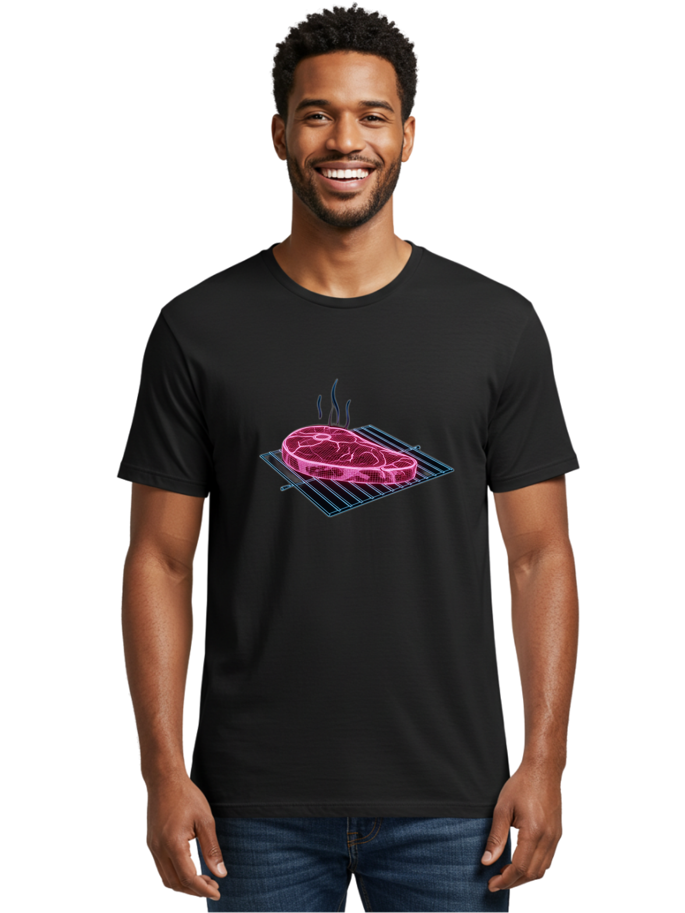 Ribeye-Steak Men'S Graphic Tee, 100% Cotton, Comfortable Casual Summer Wear, Machine Washable, Steak On Grill, Grilled Ribeye, Barbecue, Steak Dinner, Savory Meat, Culinary Art, Food Illustration, Grid Pattern Bac372