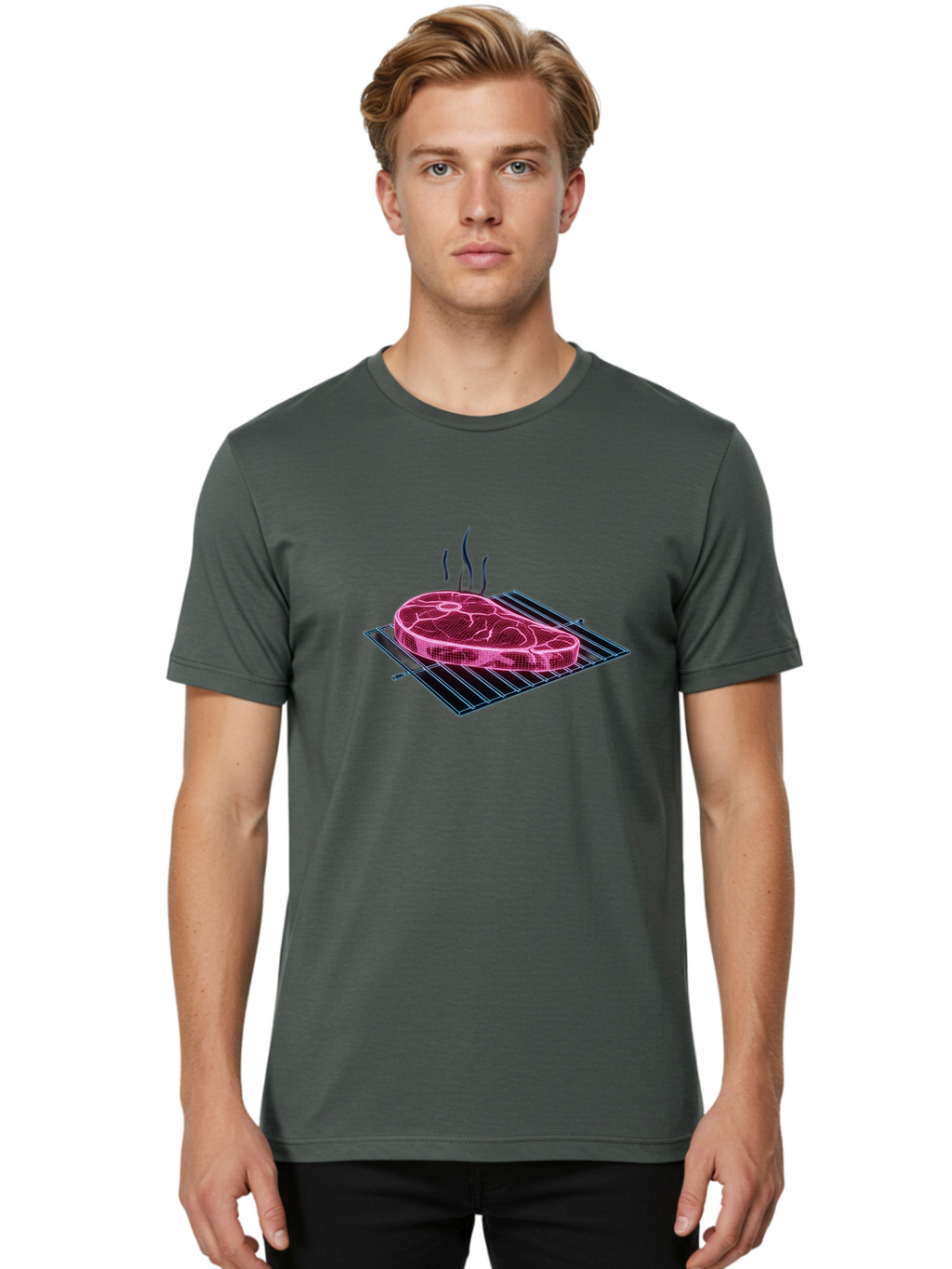 Ribeye-Steak Men'S Graphic Tee, 100% Cotton, Comfortable Casual Summer Wear, Machine Washable, Steak On Grill, Grilled Ribeye, Barbecue, Steak Dinner, Savory Meat, Culinary Art, Food Illustration, Grid Pattern Bac372