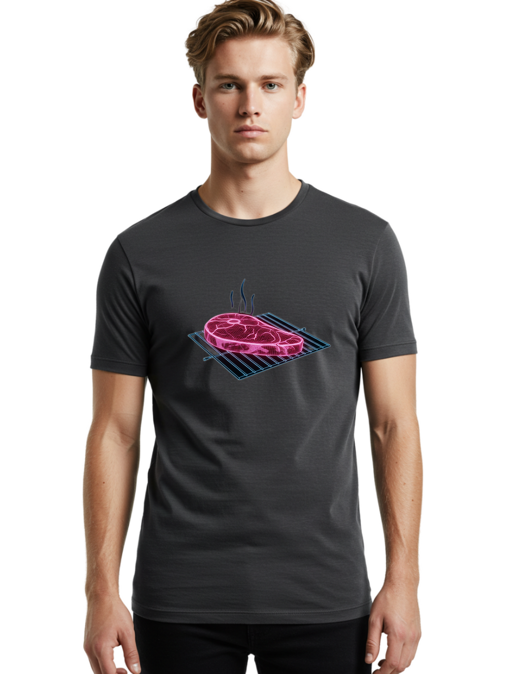 Ribeye-Steak Men'S Graphic Tee, 100% Cotton, Comfortable Casual Summer Wear, Machine Washable, Steak On Grill, Grilled Ribeye, Barbecue, Steak Dinner, Savory Meat, Culinary Art, Food Illustration, Grid Pattern Bac372