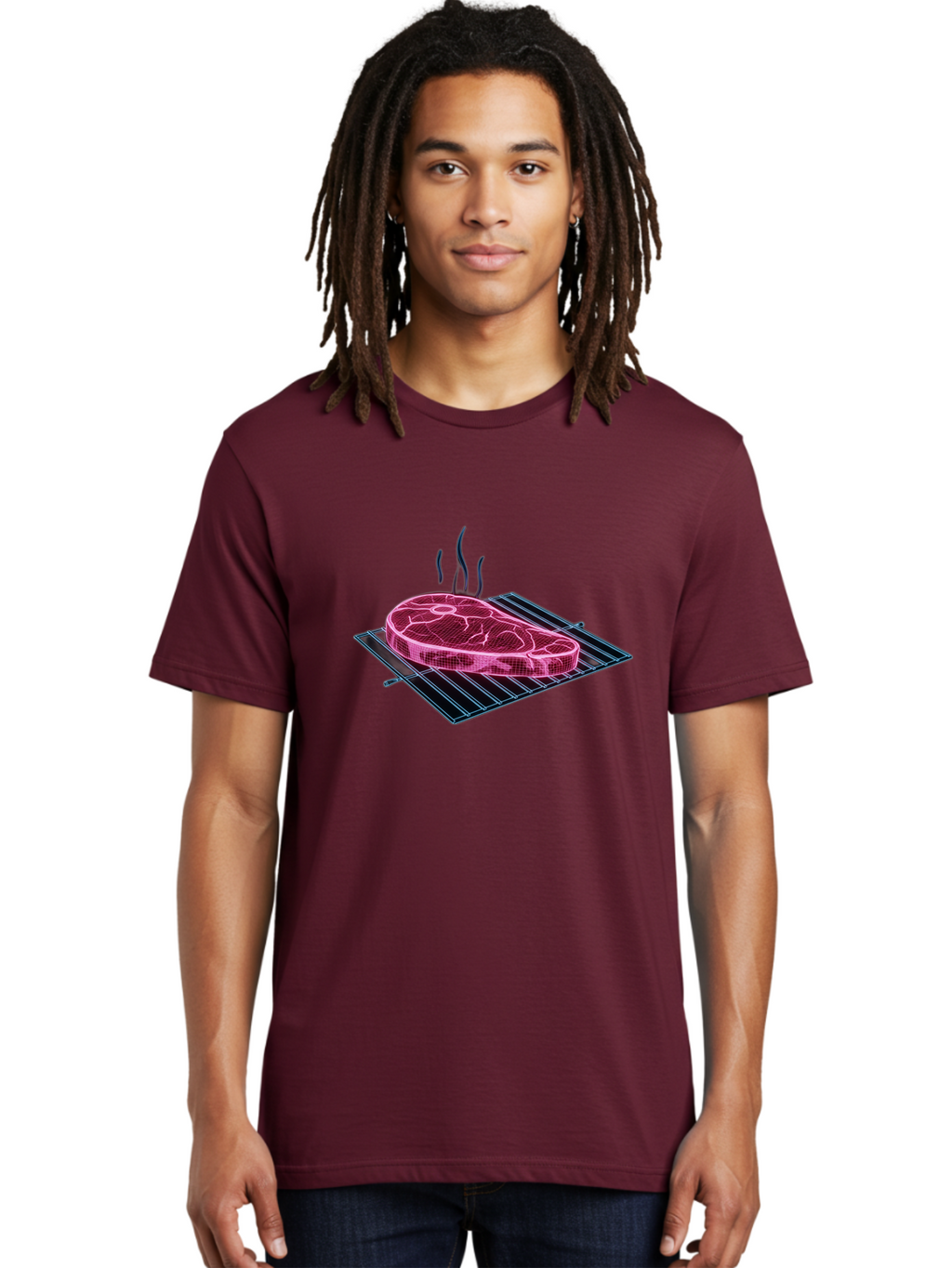 Ribeye-Steak Men'S Graphic Tee, 100% Cotton, Comfortable Casual Summer Wear, Machine Washable, Steak On Grill, Grilled Ribeye, Barbecue, Steak Dinner, Savory Meat, Culinary Art, Food Illustration, Grid Pattern Bac372