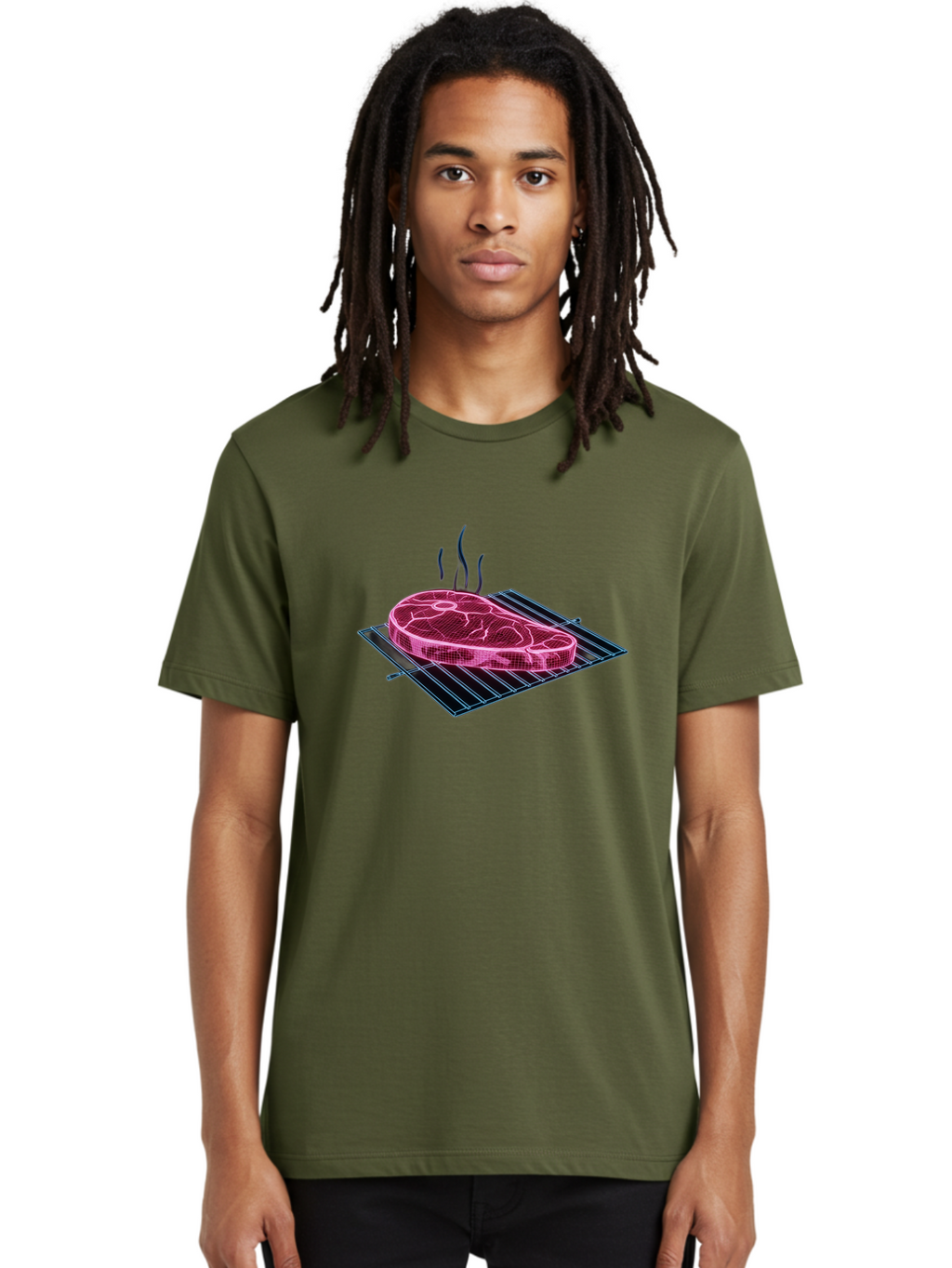 Ribeye-Steak Men'S Graphic Tee, 100% Cotton, Comfortable Casual Summer Wear, Machine Washable, Steak On Grill, Grilled Ribeye, Barbecue, Steak Dinner, Savory Meat, Culinary Art, Food Illustration, Grid Pattern Bac372