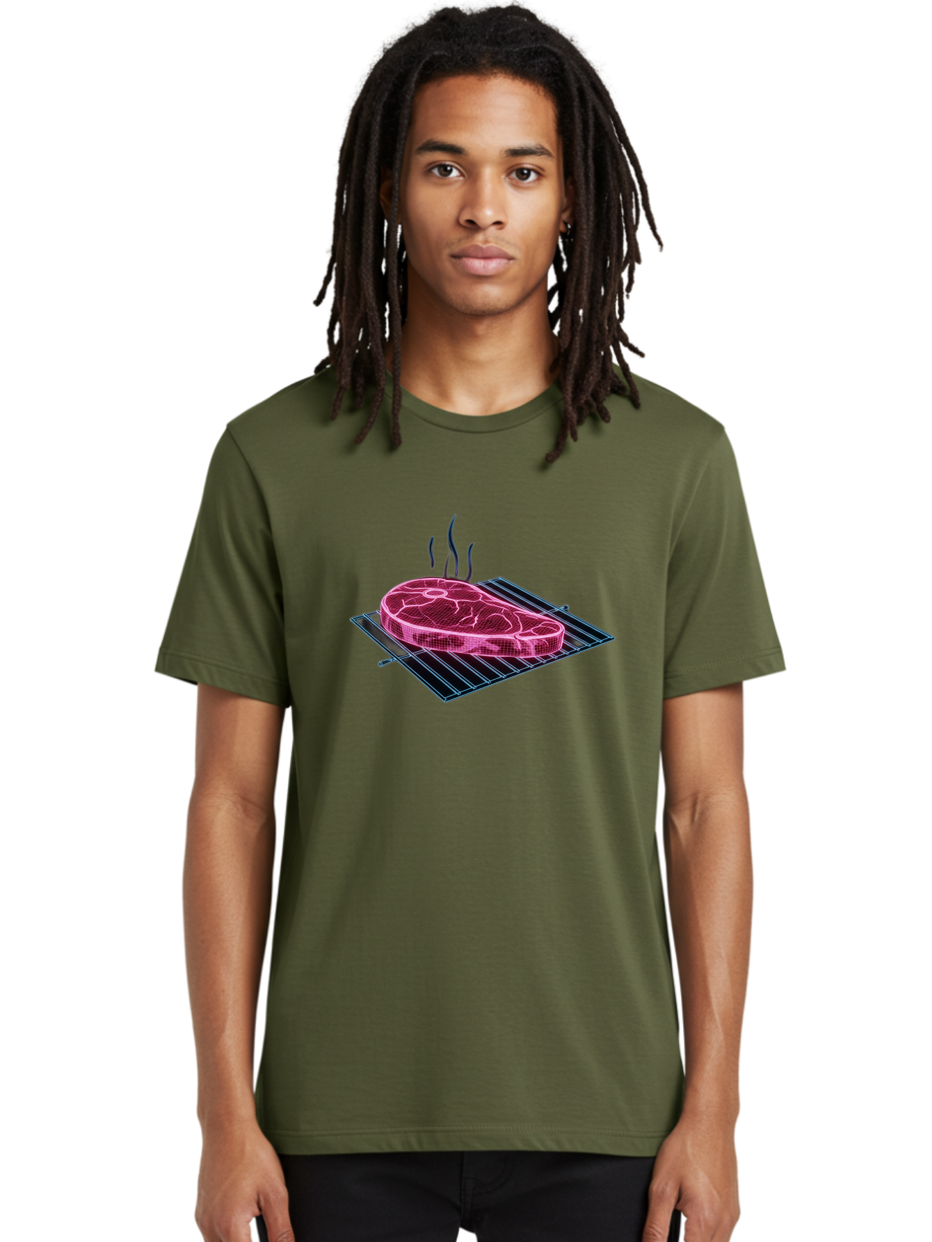 Ribeye-Steak Men'S Graphic Tee, 100% Cotton, Comfortable Casual Summer Wear, Machine Washable, Steak On Grill, Grilled Ribeye, Barbecue, Steak Dinner, Savory Meat, Culinary Art, Food Illustration, Grid Pattern Bac372