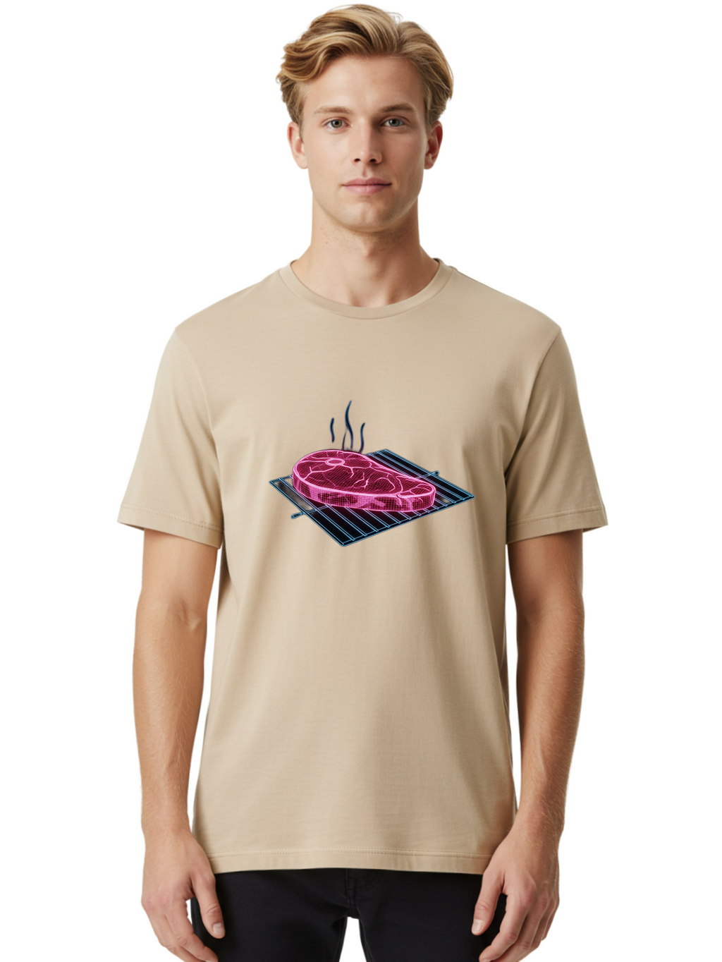 Ribeye-Steak Men'S Graphic Tee, 100% Cotton, Comfortable Casual Summer Wear, Machine Washable, Steak On Grill, Grilled Ribeye, Barbecue, Steak Dinner, Savory Meat, Culinary Art, Food Illustration, Grid Pattern Bac372