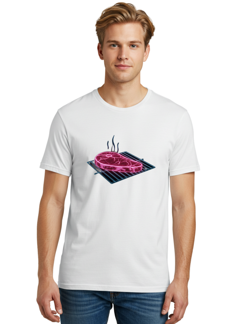 Ribeye-Steak Men'S Graphic Tee, 100% Cotton, Comfortable Casual Summer Wear, Machine Washable, Steak On Grill, Grilled Ribeye, Barbecue, Steak Dinner, Savory Meat, Culinary Art, Food Illustration, Grid Pattern Bac372