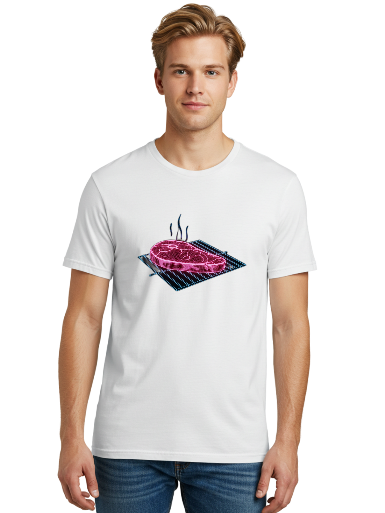 Ribeye-Steak Men'S Graphic Tee, 100% Cotton, Comfortable Casual Summer Wear, Machine Washable, Steak On Grill, Grilled Ribeye, Barbecue, Steak Dinner, Savory Meat, Culinary Art, Food Illustration, Grid Pattern Bac372